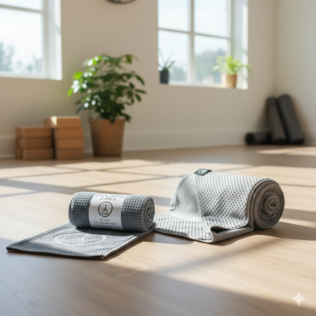Grey Bikram yoga towel mat with coordinating microfiber sweat rag towels, ideal for sweaty yoga, vinyasa, and studio workouts on a wooden floor.