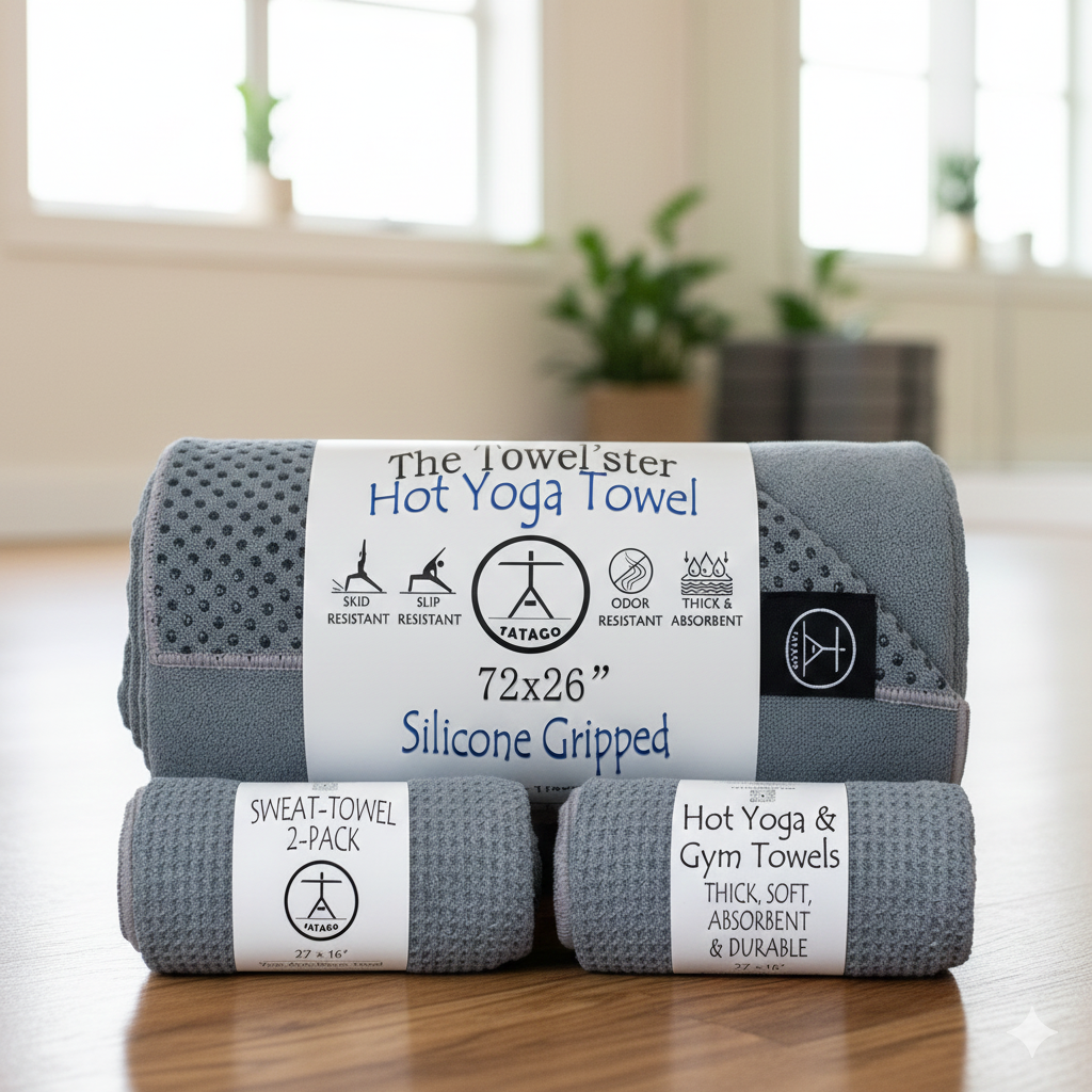 Set of yoga towels and two matching microfiber sweat towels for gym use, built for absorbency during hot yoga and intense training.