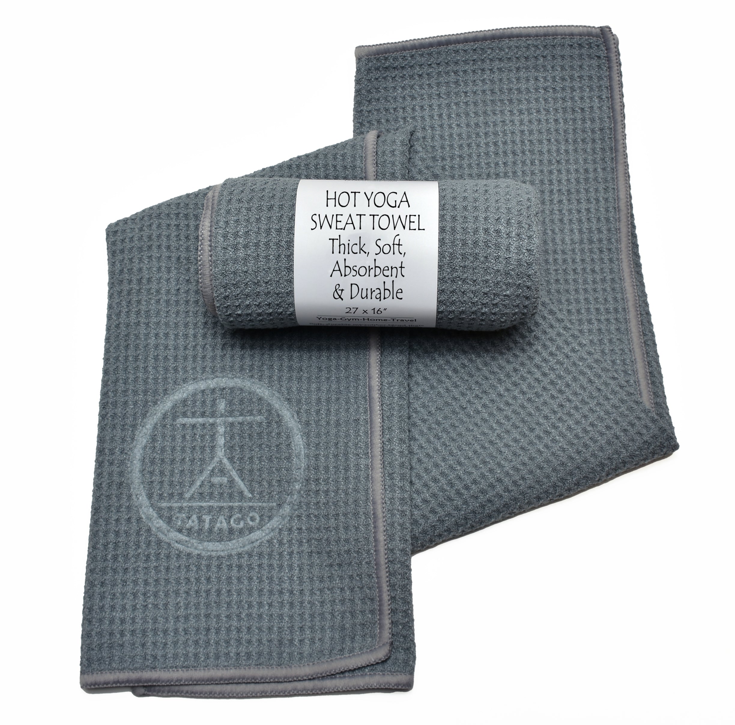 Microfiber sweat towel with wrap calling out thick, soft, and absorbent