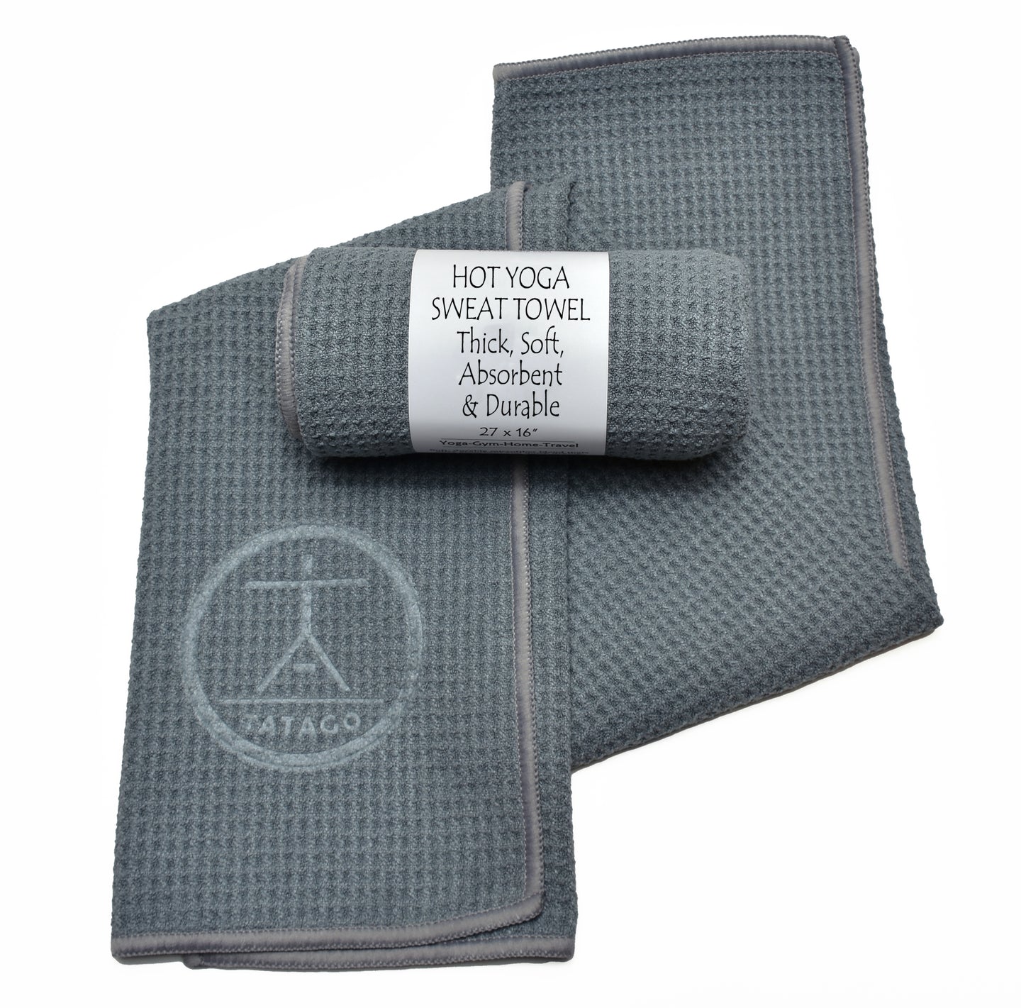Microfiber sweat towel with wrap calling out thick, soft, and absorbent