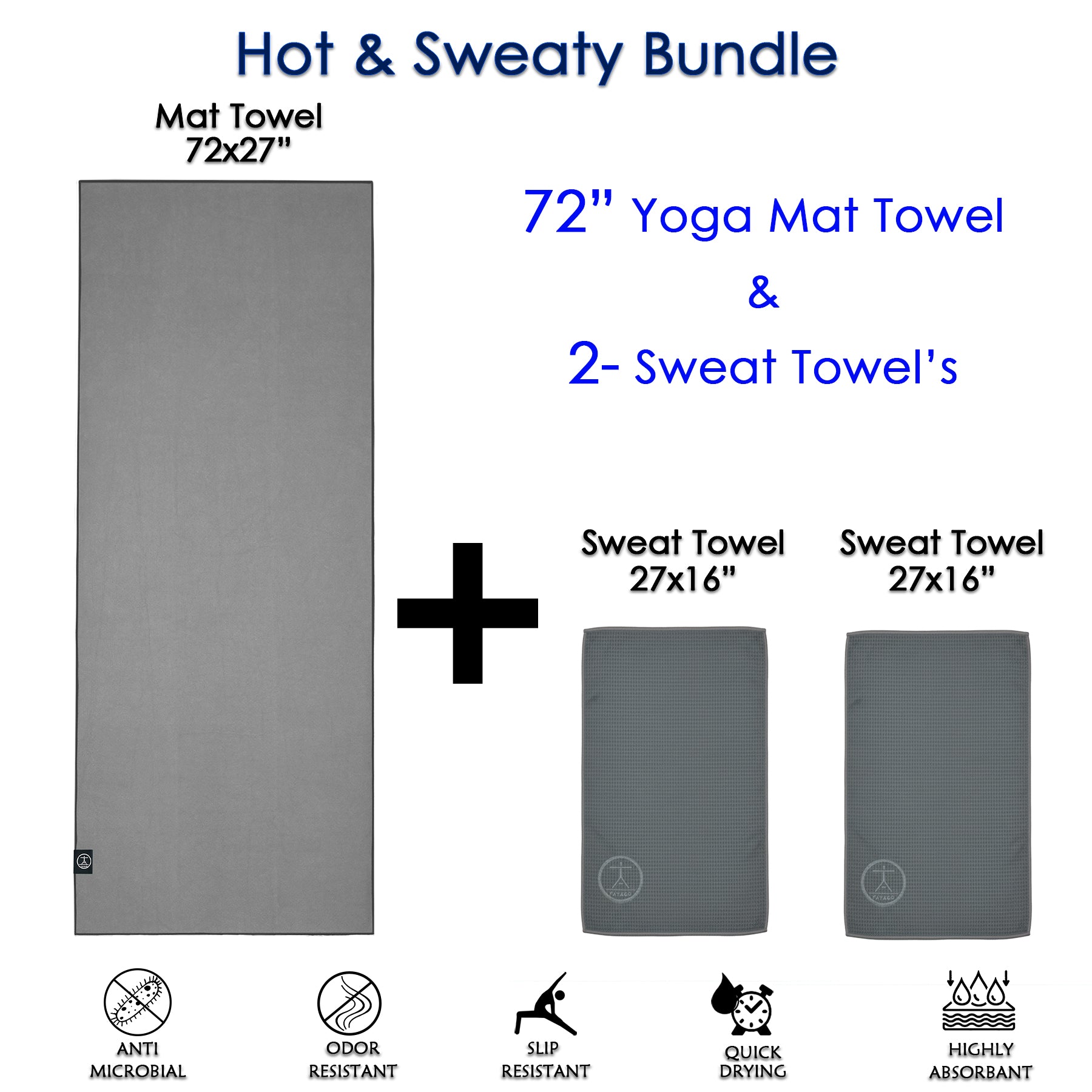 Hot & sweaty bundle featuring a grey microfiber yoga towel and two sweat towels for gym and yoga sessions, made for high-absorbency performance.