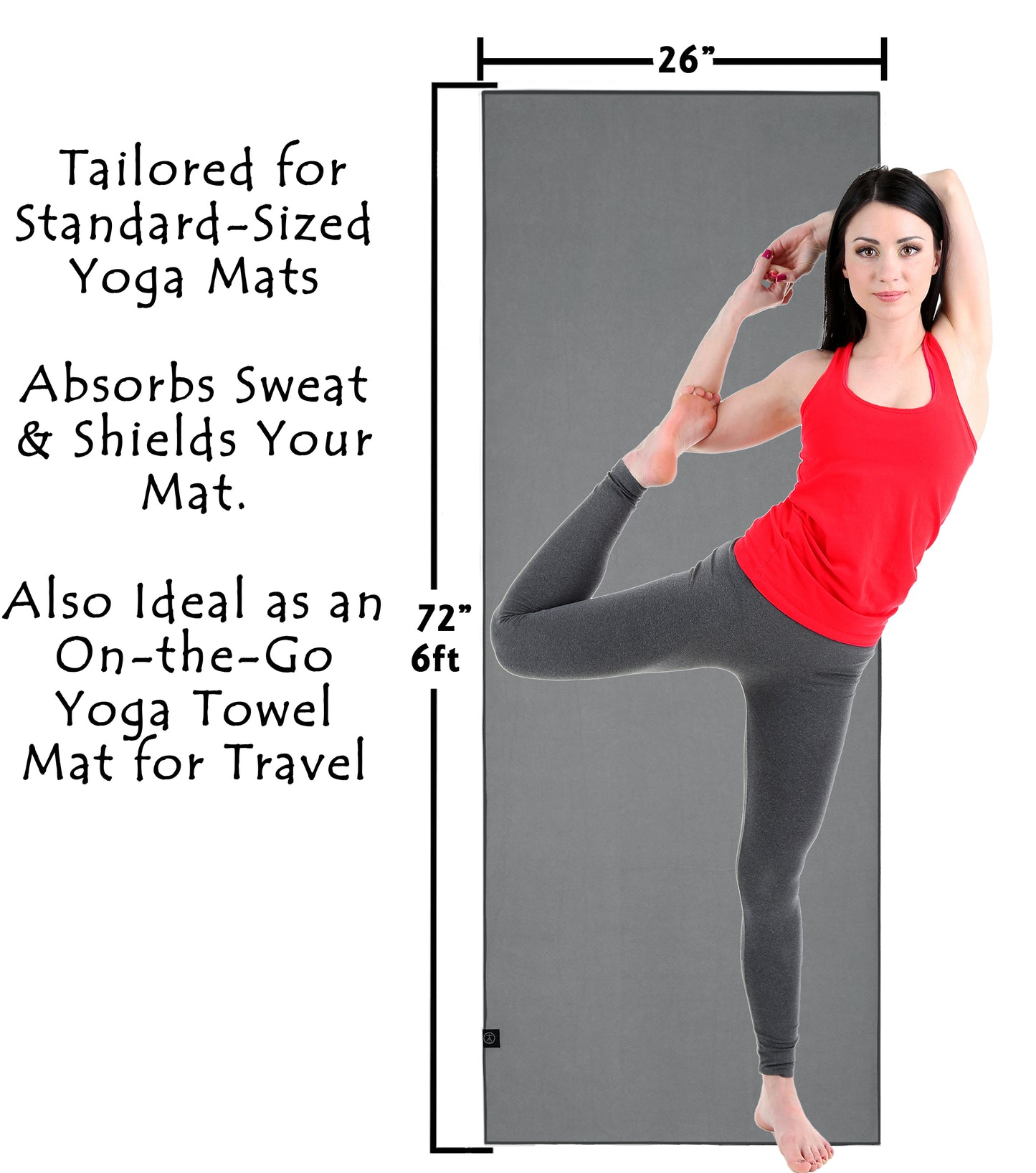 Model standingnext to yoga mat towel for hot yoga, showing dimensions.