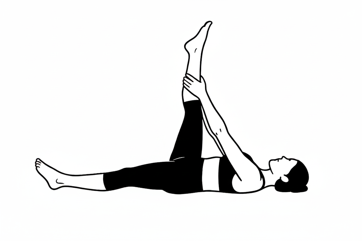 Woman lying on her back performing a single leg hamstring stretch.
