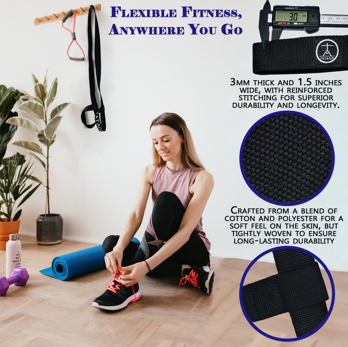 A yoga mat carry strap with woman sitting on the floor tying her 