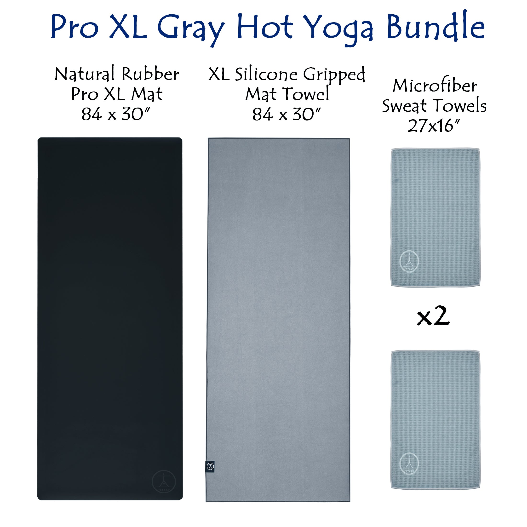Yoga bundle with Pro XL mat, silicone gripped mat towel, and microfiber sweat towels on a white background.