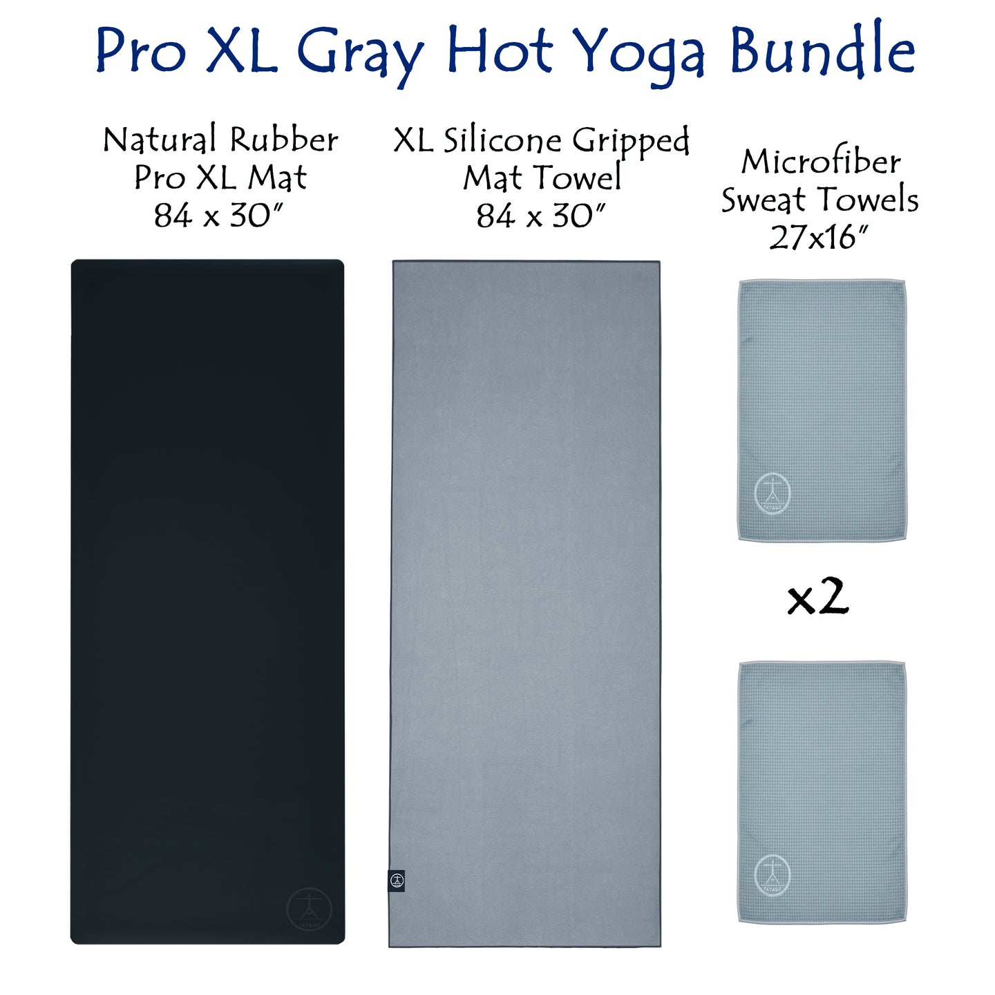 Yoga bundle with Pro XL mat, silicone gripped mat towel, and microfiber sweat towels on a white background.