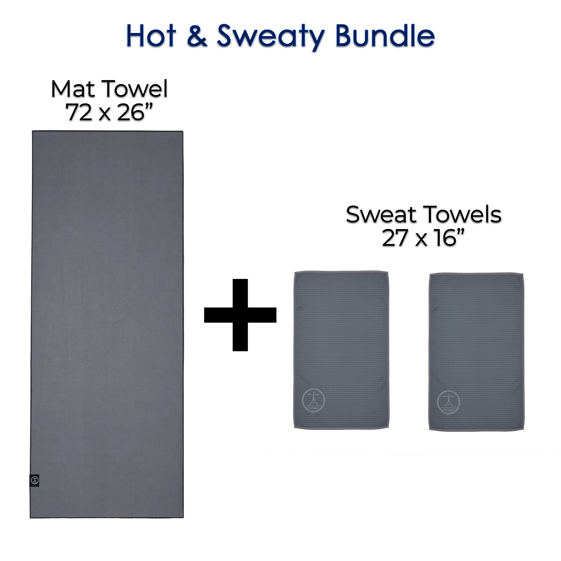 Yoga mat towel and two sweat towels on a white background with size features. (Storm Gray)