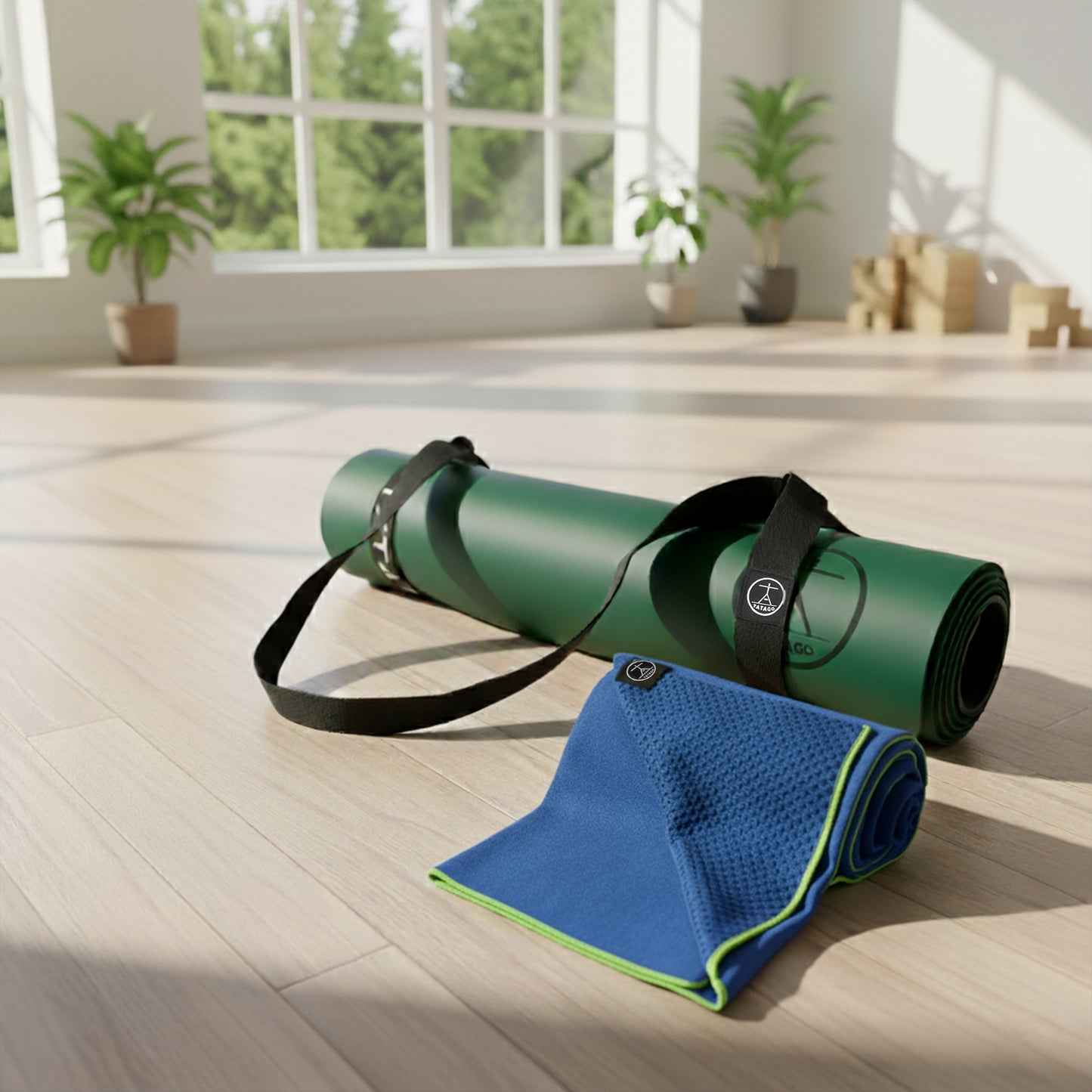 Extra-large yoga mat with towel and strap indoors