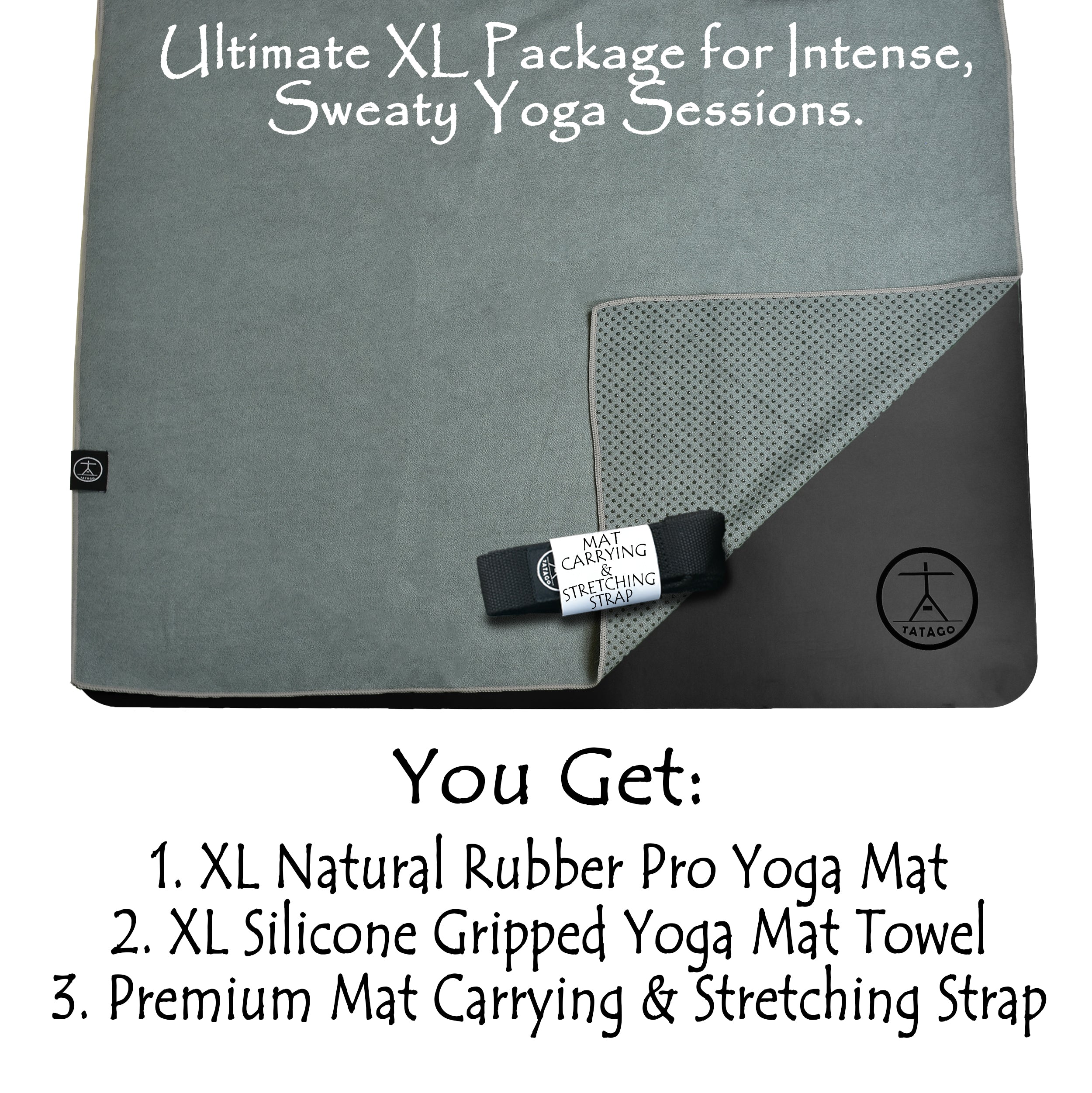 Hot yoga towel over black XL natural rubber yoga mat with included carrying and stretching strap for sweaty practice stability.