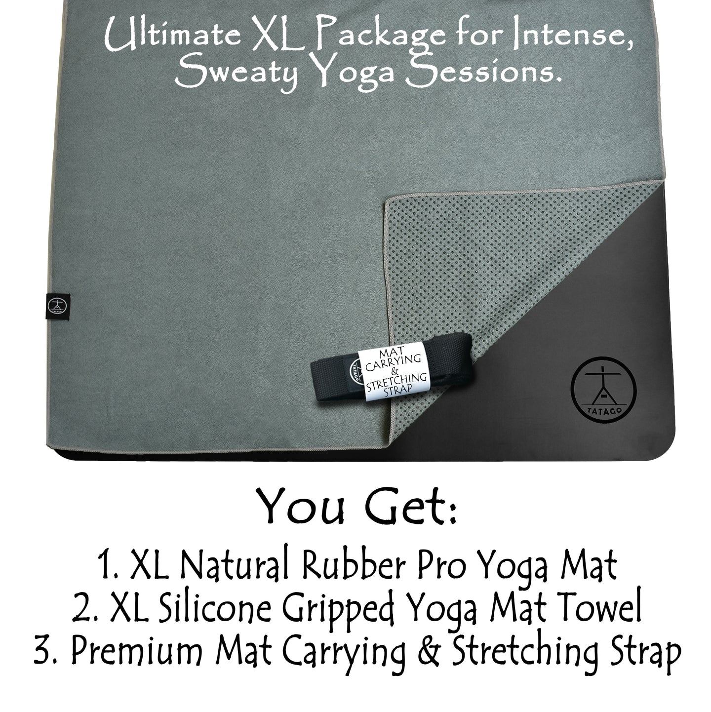 Hot yoga towel over black XL natural rubber yoga mat with included carrying and stretching strap for sweaty practice stability.
