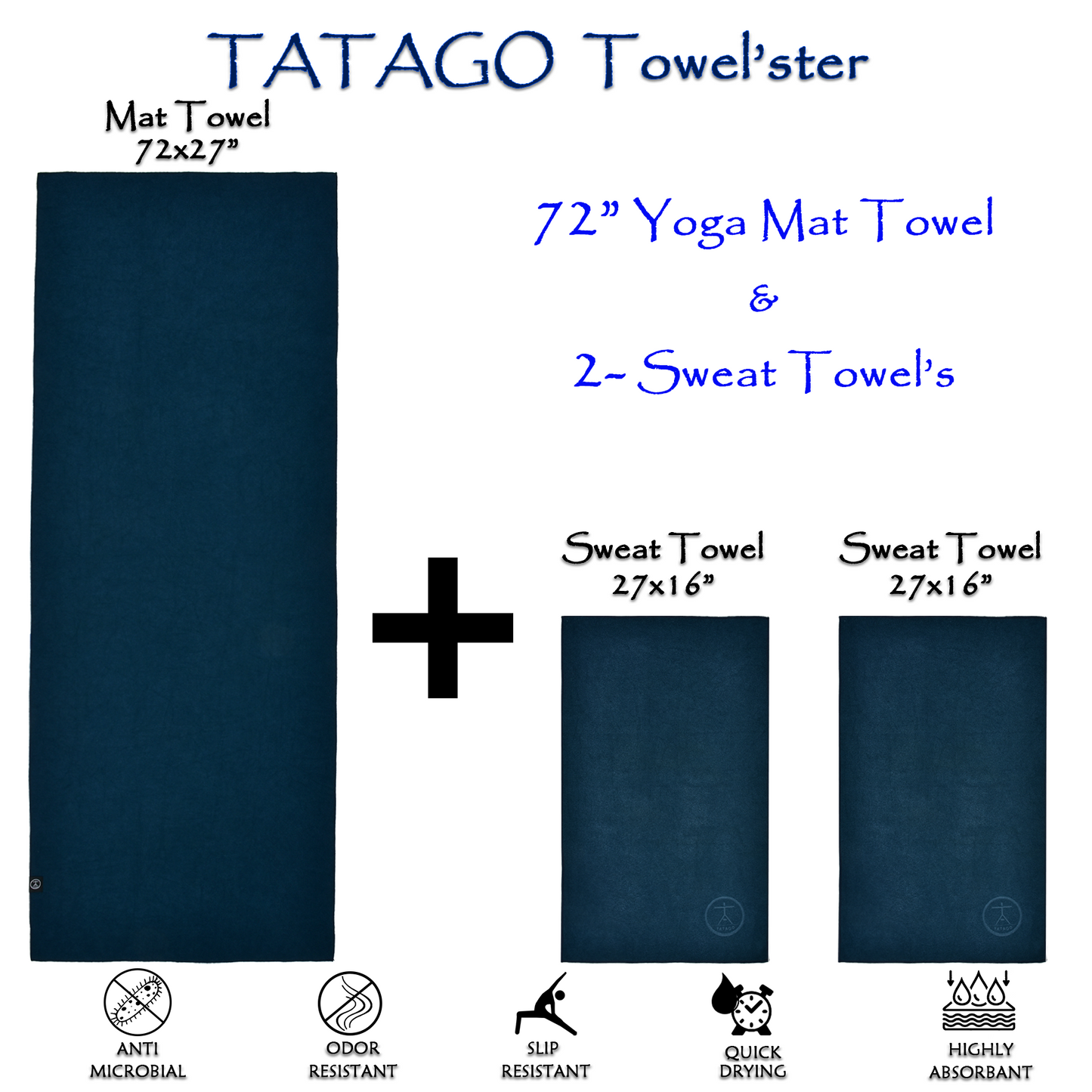 Complete set with hot yoga mat towel, plus two workout sweat towels, ideal for hot yoga mats and towels bundles.