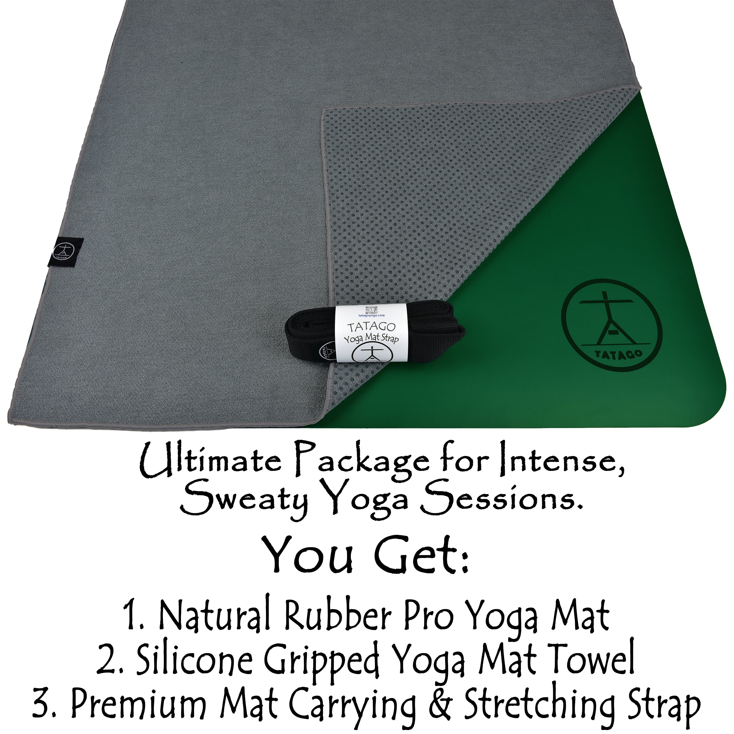 Complete hot yoga mats and towels bundle showing natural rubber mat, silicone grip yoga mat towel for hot yoga, and strap for yoga mat in one organized set.