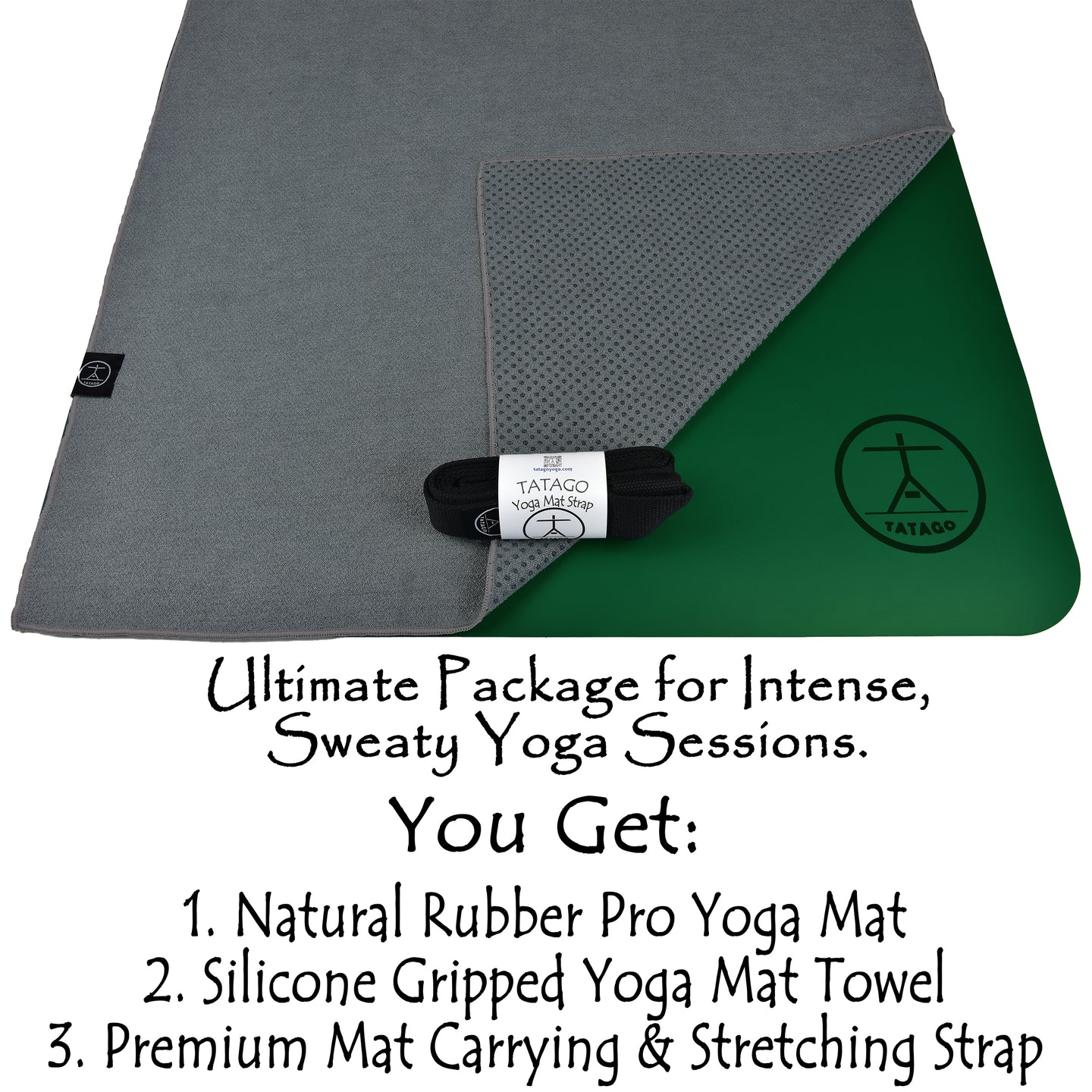Complete hot yoga mats and towels bundle showing natural rubber mat, silicone grip yoga mat towel for hot yoga, and strap for yoga mat in one organized set.