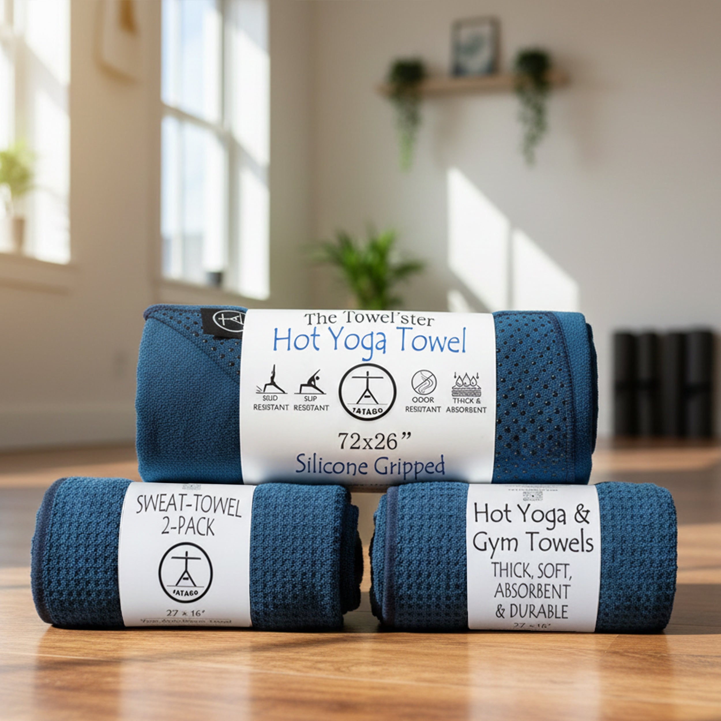 Blue microfiber yoga towel non slip with 2 sweat towels rolled up. (Oceanic Blue)