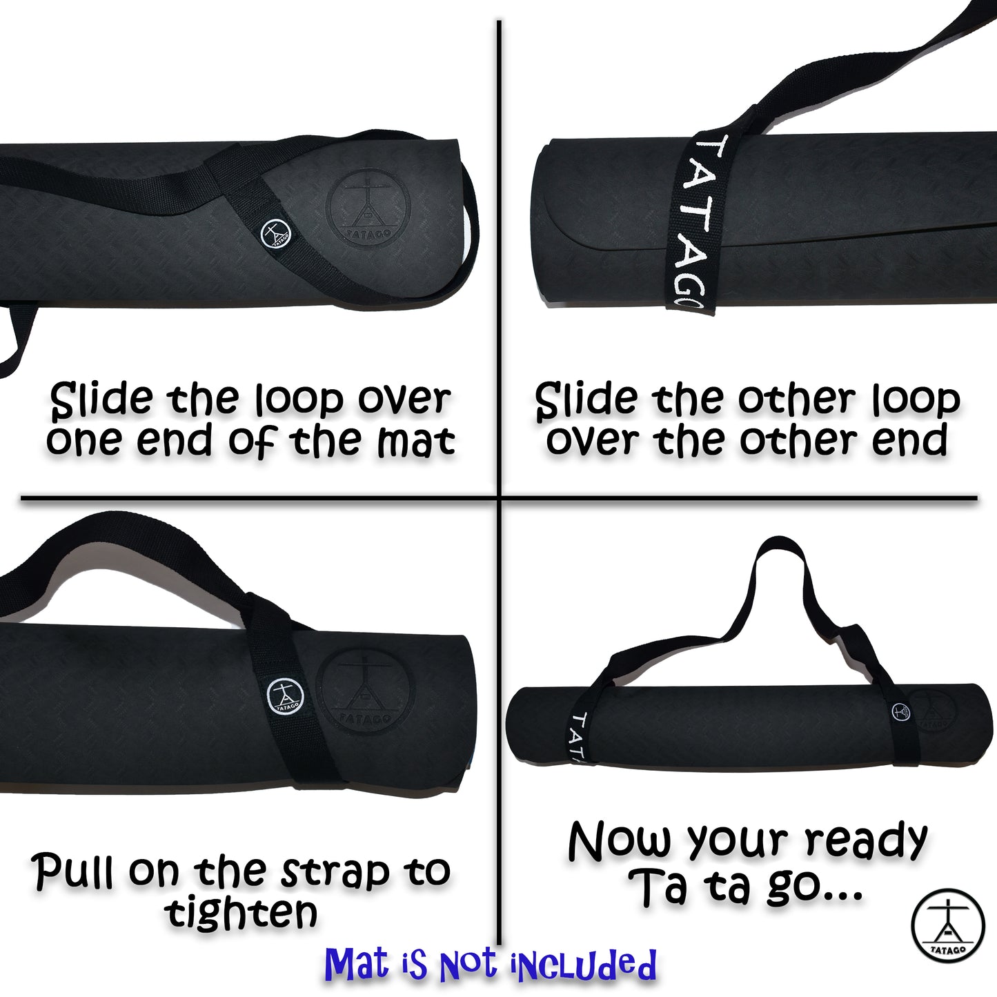 Instructions for using a black yoga mat strap for legs and back and calfs with text on how to use it.