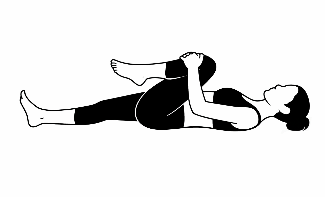 Woman lying on her back pulling one knee to her chest.