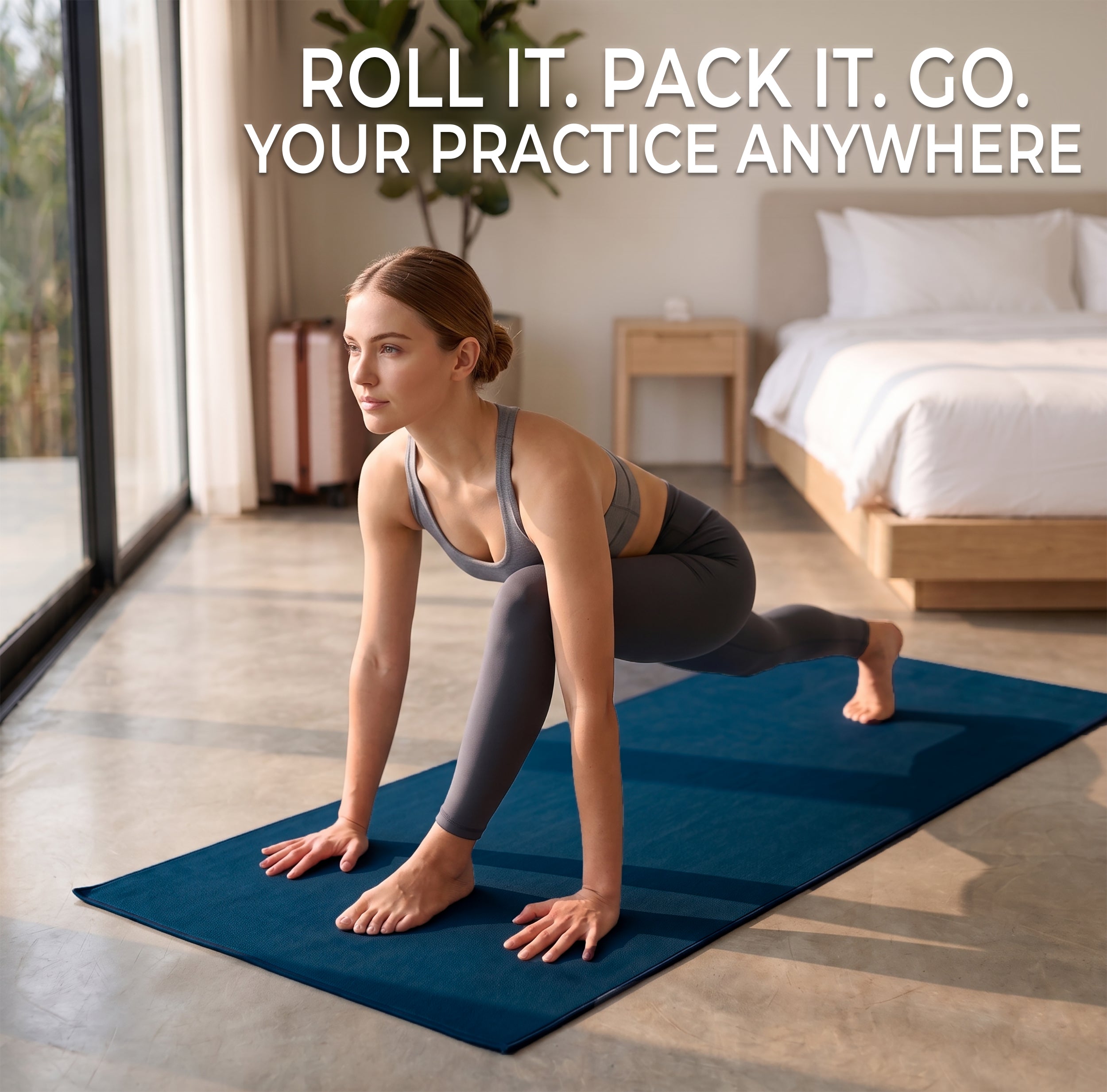 Woman using a blue yoga towel to stretch while traveling in a hotel room. (Oceanic Blue)