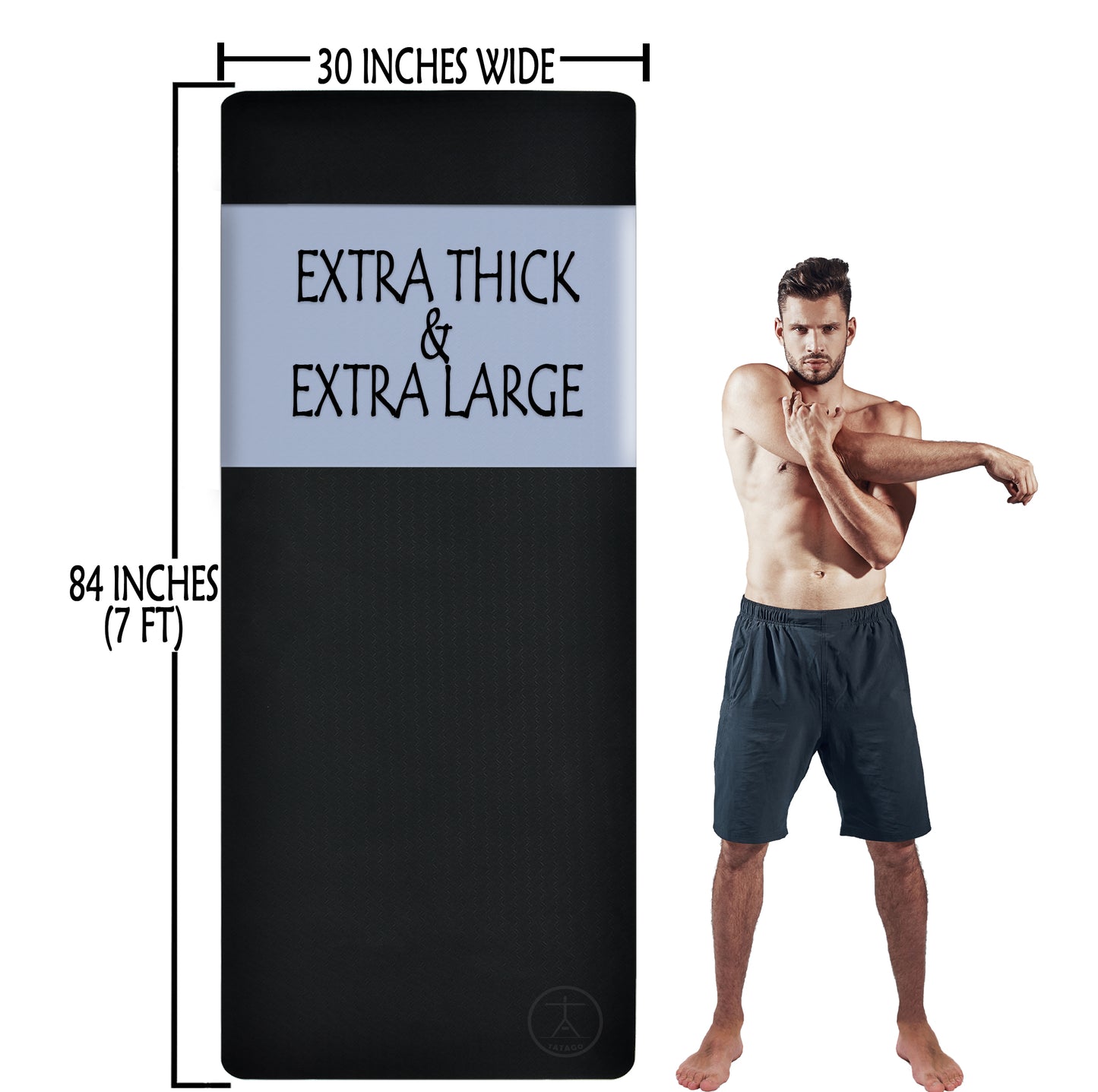 Yoga mats for tall person thick, wide and long with man displaying huge size.