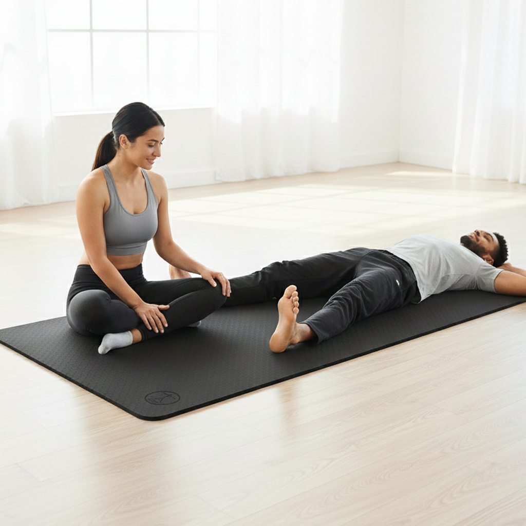 Extra large yoga mat with 2 people showing big yoga mat
