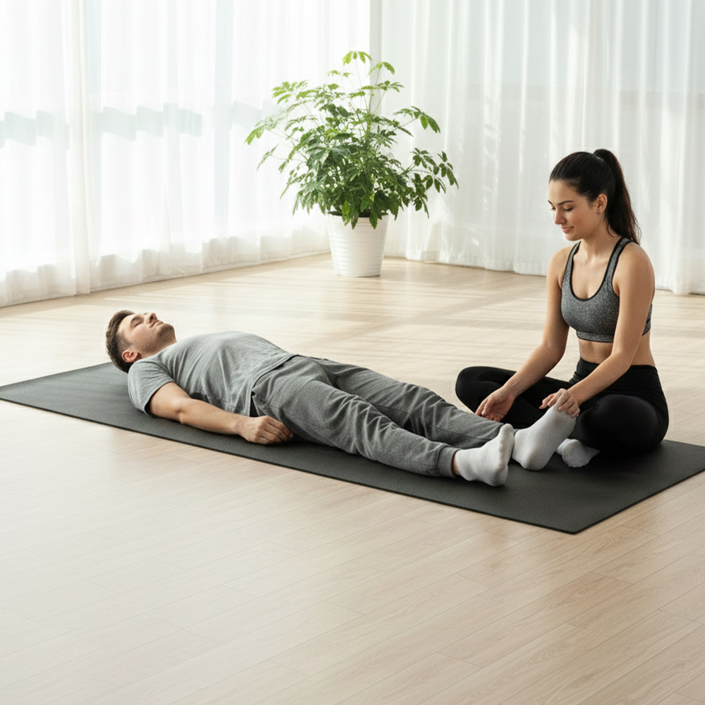 man and woman both fitting on a tatago XL yoga mat