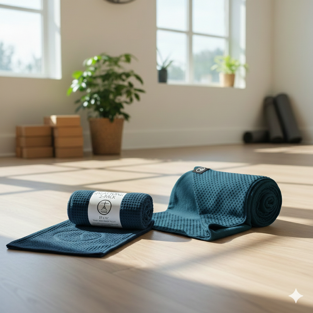 Rolled microfiber yoga towel and sweat towels for gym, ideal for Bikram yoga towel mat setups and sweaty practice.