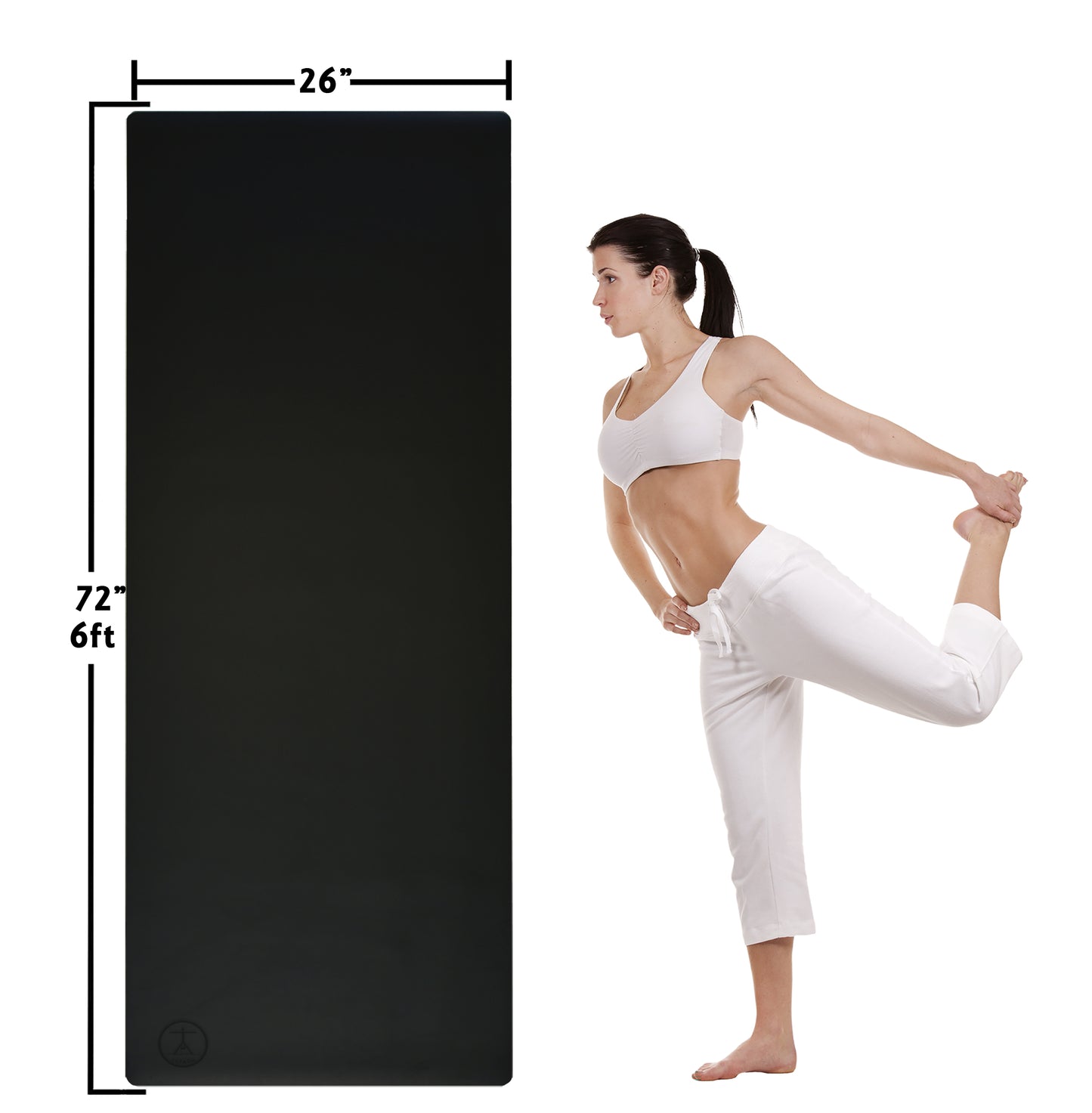 Natural rubber yoga mat for hot yoga with strong non-slip grip, shown full length beside woman stretching for size reference.