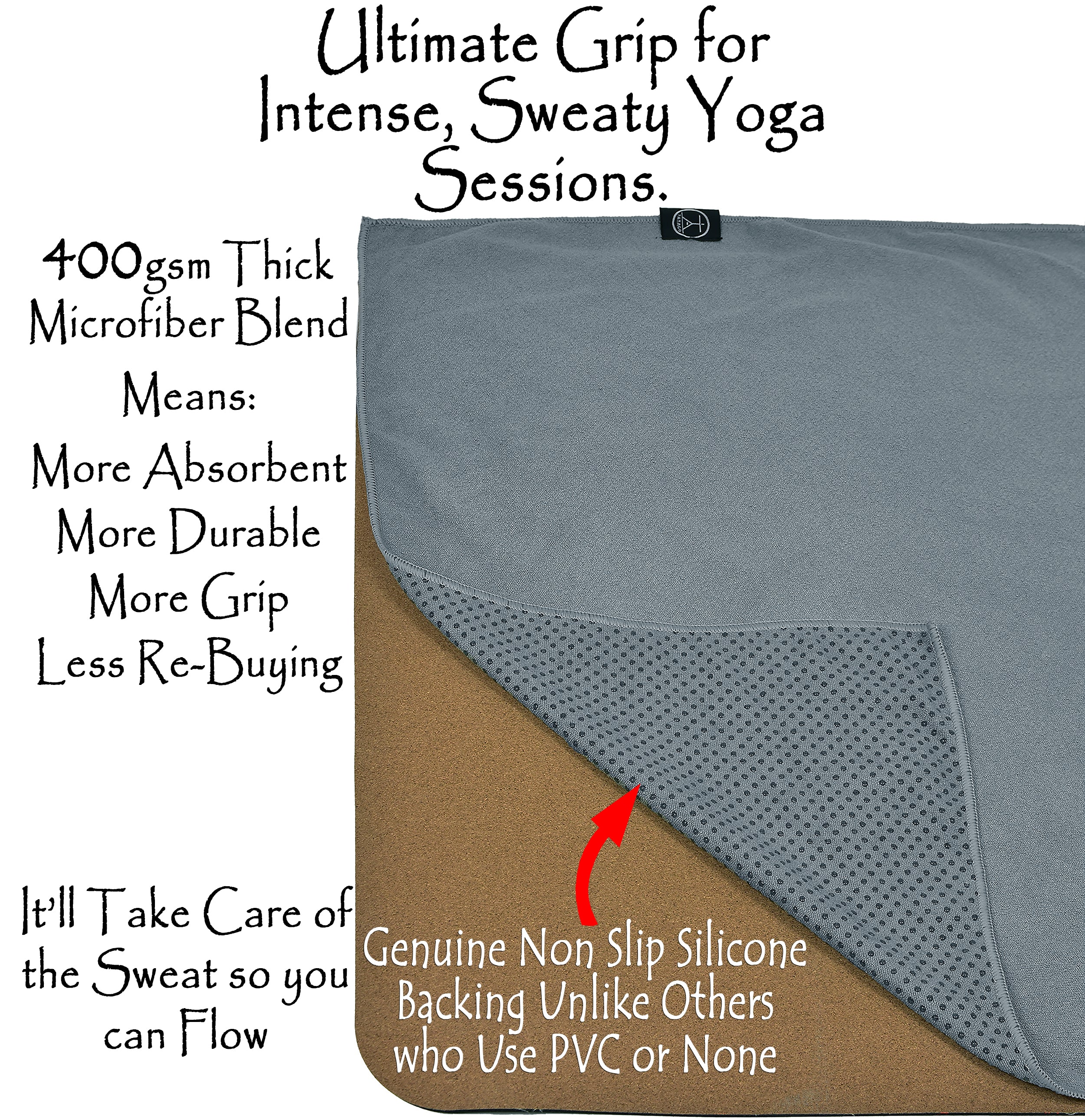 Grey non-slip yoga towel mat with high-absorbency microfiber and genuine silicone backing, designed for hot Pilates towel.