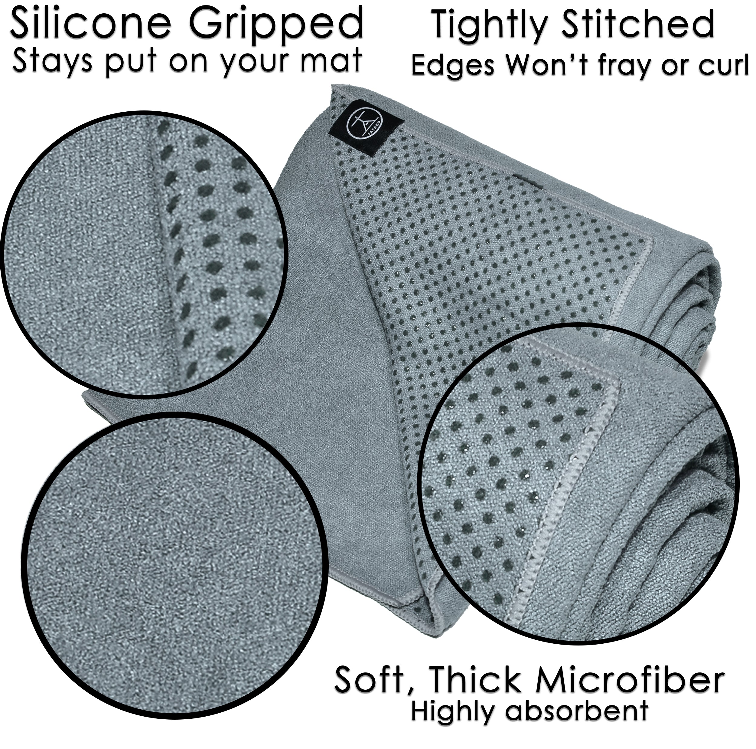 Close-up of non-slip silicone grip and stitched edges on extra large yoga towel - Storm Gray