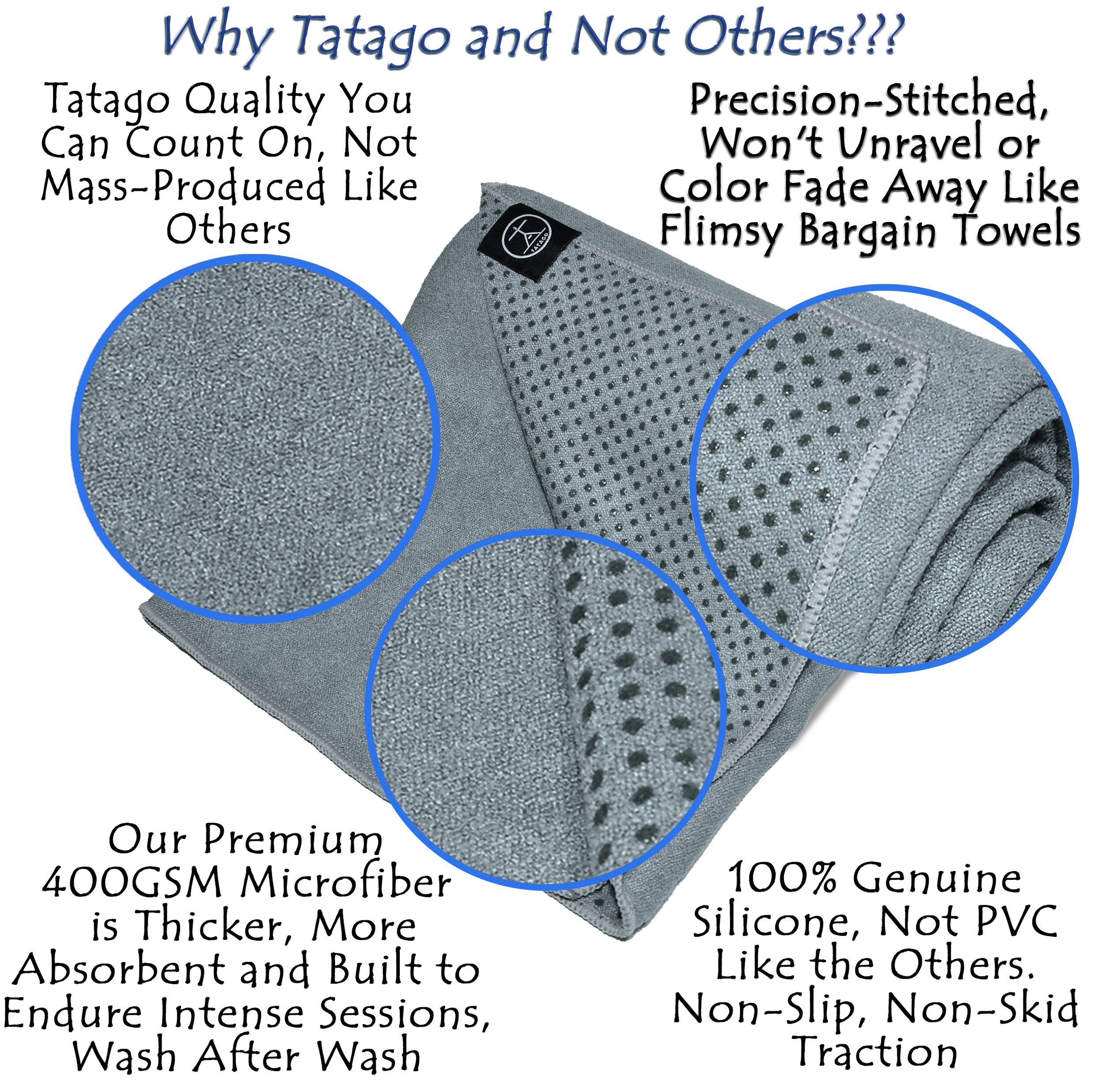 Close-up of Tatago hot yoga towel showing premium microfiber surface and genuine silicone non-slip grip, precision stitching, and durable design for hot yoga, Pilates, and sweaty mat sessions.