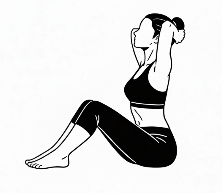 Woman doing a seated overhead shoulder and neck stretch.