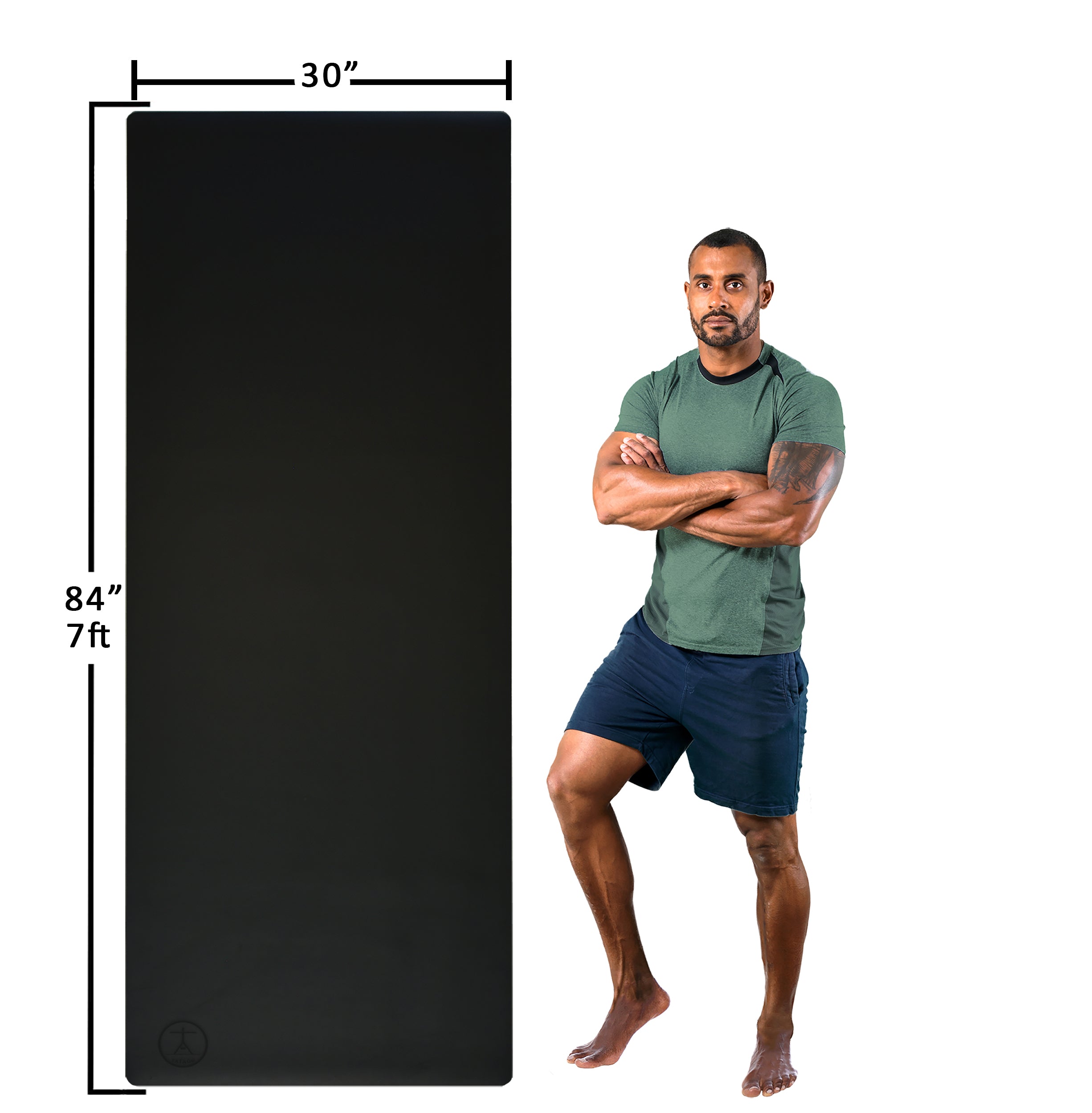 Oversized yoga mat displayed with full body size comparison - Black