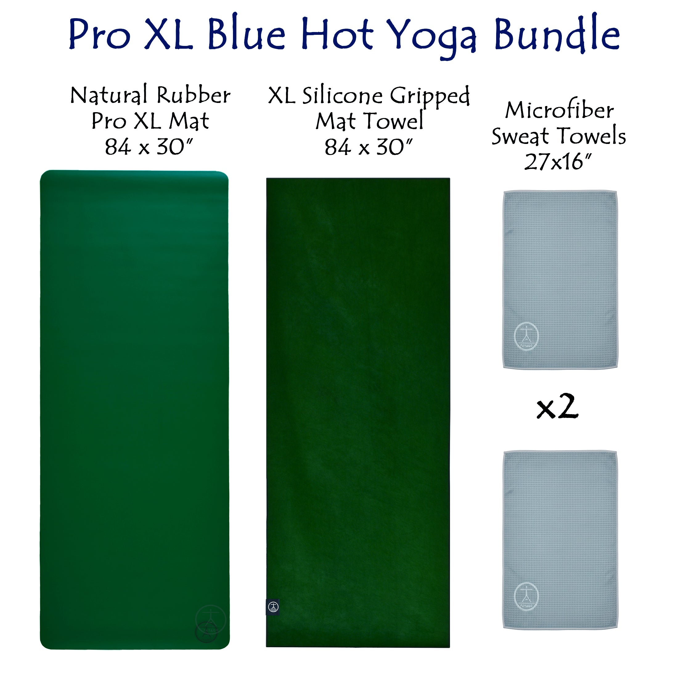 Pro XL hot yoga bundle with natural rubber 84×30 mat, XL silicone-gripped yoga towel, and two microfiber sweat towels shown in a product layout.
