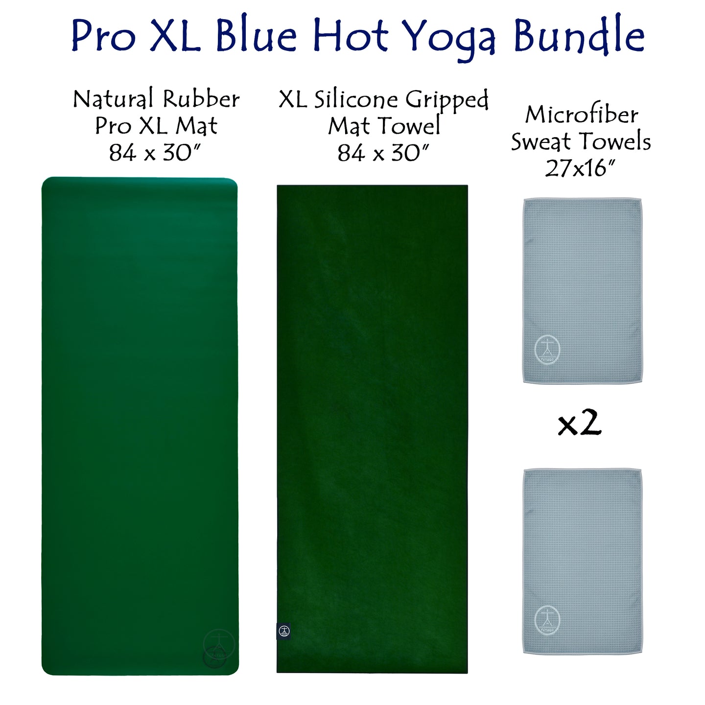 Pro XL hot yoga bundle with natural rubber 84×30 mat, XL silicone-gripped yoga towel, and two microfiber sweat towels shown in a product layout.