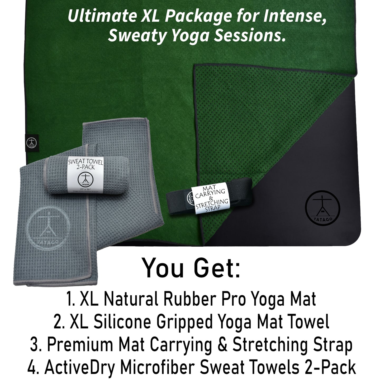 Extra large natural rubber hot yoga mat with green silicone grip towel, gray ActiveDry sweat towels, and XL carrying and stretching strap for hot yoga Pilates Bikram and sweaty studio practice