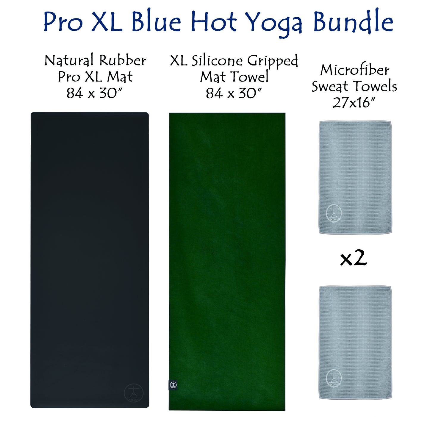 Extra large natural rubber yoga mat with XL silicone-grip hot yoga towel and microfiber sweat towels for Pilates, Bikram, and sweaty studio practice.