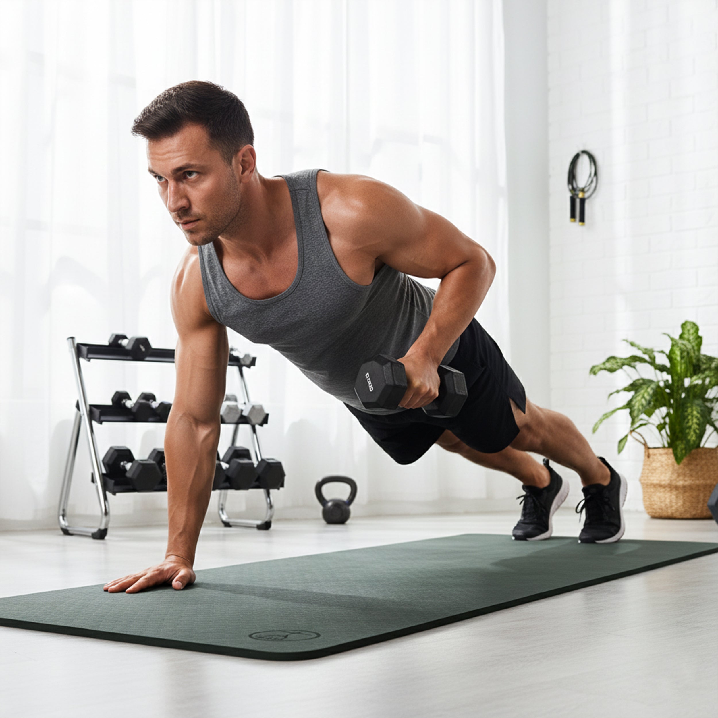A extra thick huge yoga mat with a man in plank