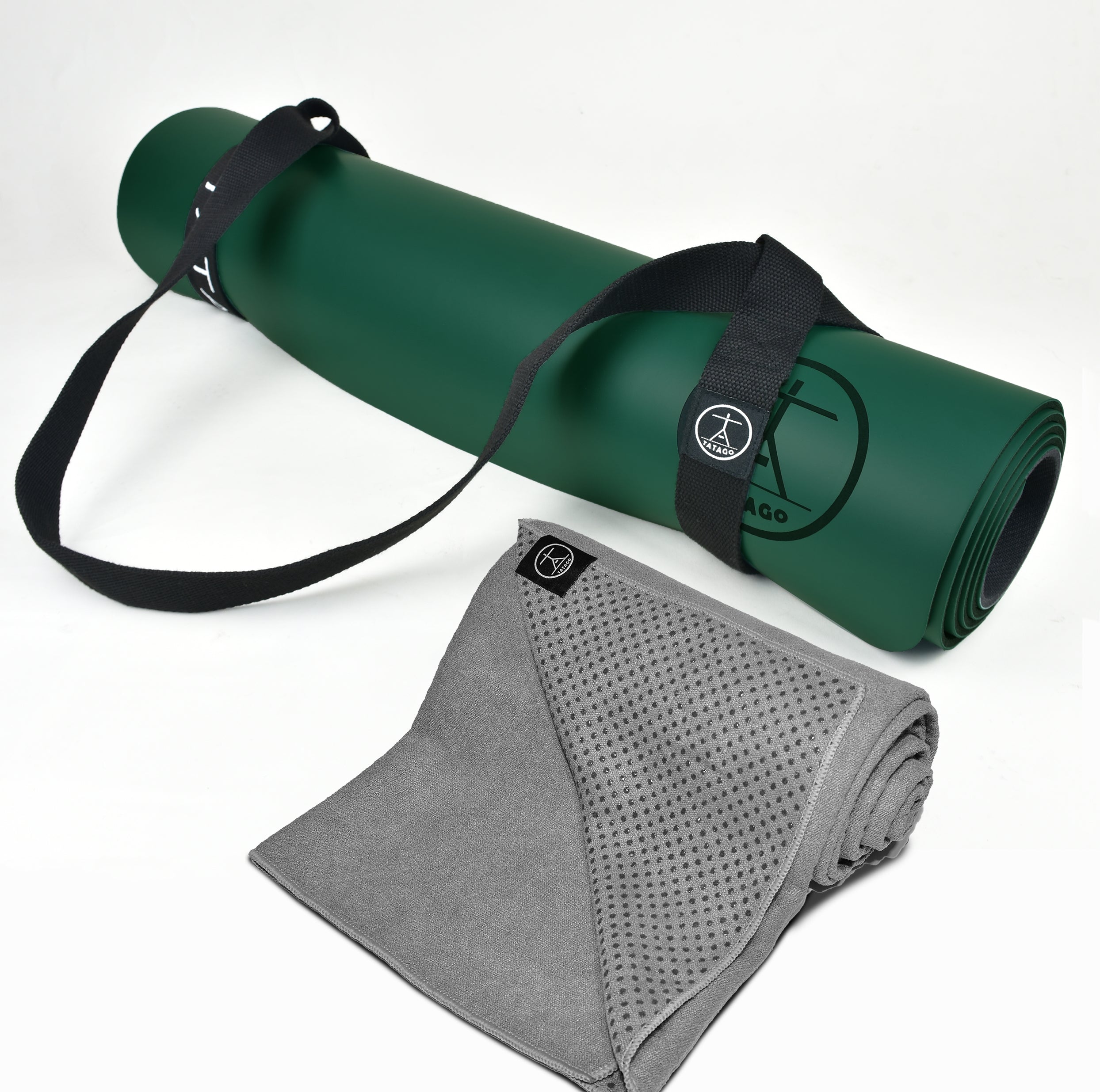 Natural rubber yoga mat with silicone dot yoga mat towel and yoga mat strap, a non-toxic yoga mat setup for Bikram yoga mat and Pilates training.