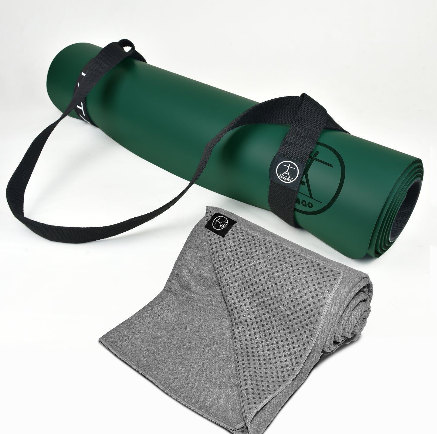 Natural rubber yoga mat with silicone dot yoga mat towel and yoga mat strap, a non-toxic yoga mat setup for Bikram yoga mat and Pilates training.