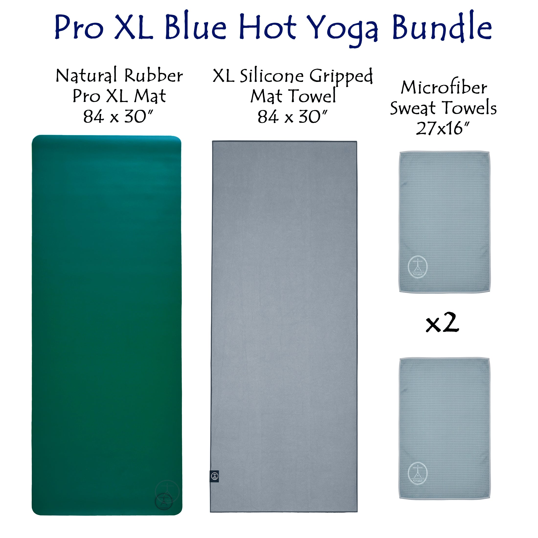 84" natural-rubber XL yoga mat with mat towel and 2 sweat towels.