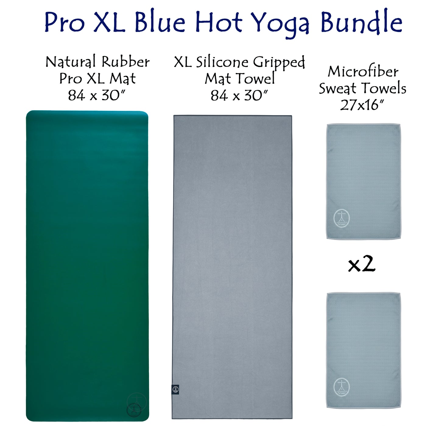 84" natural-rubber XL yoga mat with mat towel and 2 sweat towels.