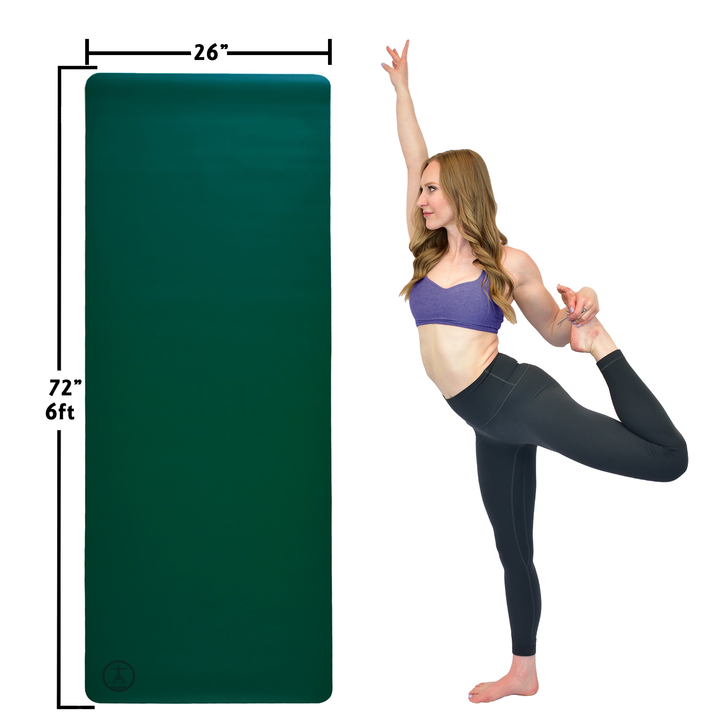 Green 72x26 yoga mat for women, non-slip and durable design ideal for yoga, Pilates, and stretching at home or studio.
