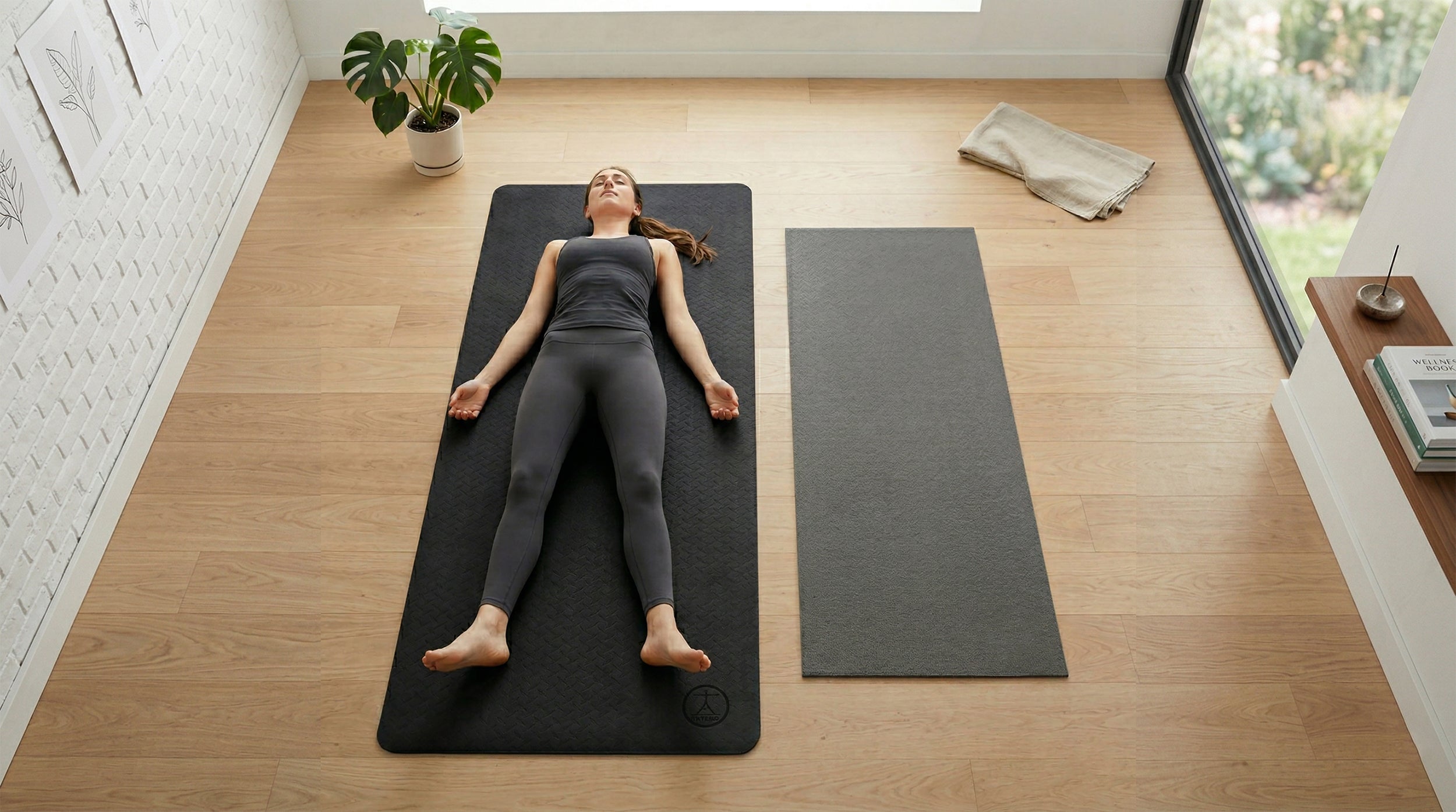 xl yoga mat vs standard yoga mat size comparison with person lying fully on extra large mat