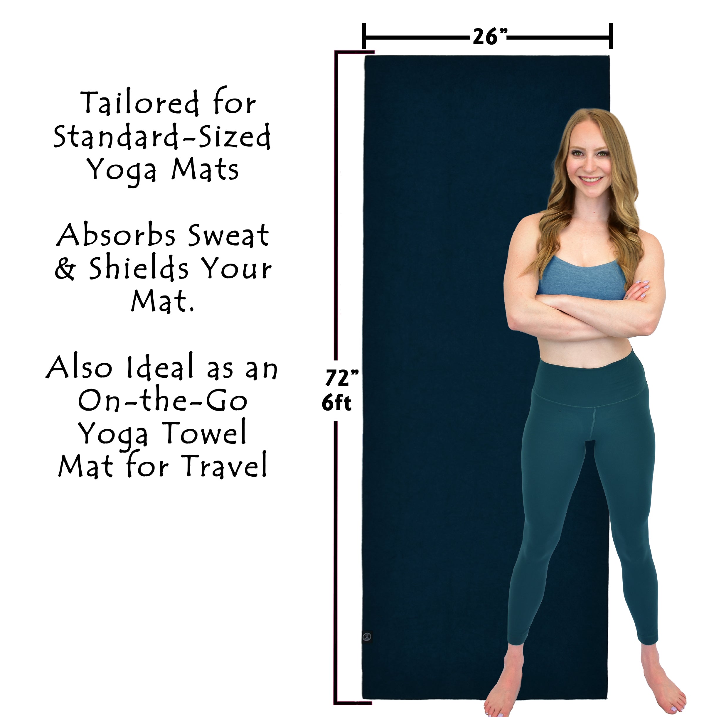 Full-length hot yoga towel dimension chart, used as a non-skid yoga towel in heated yoga and travel practice.