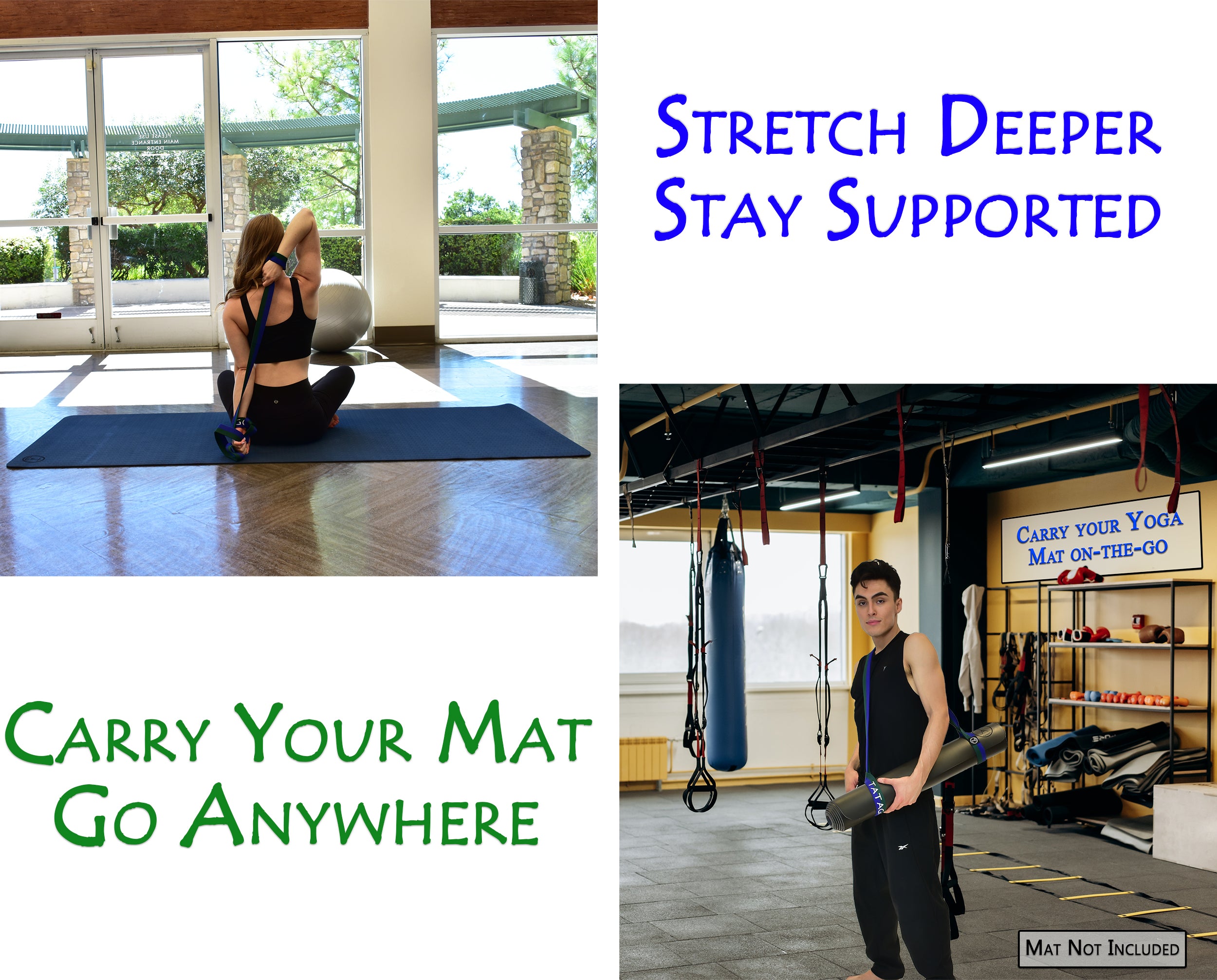 Stretching strap with strap yoga mat for support - Blu/Grn