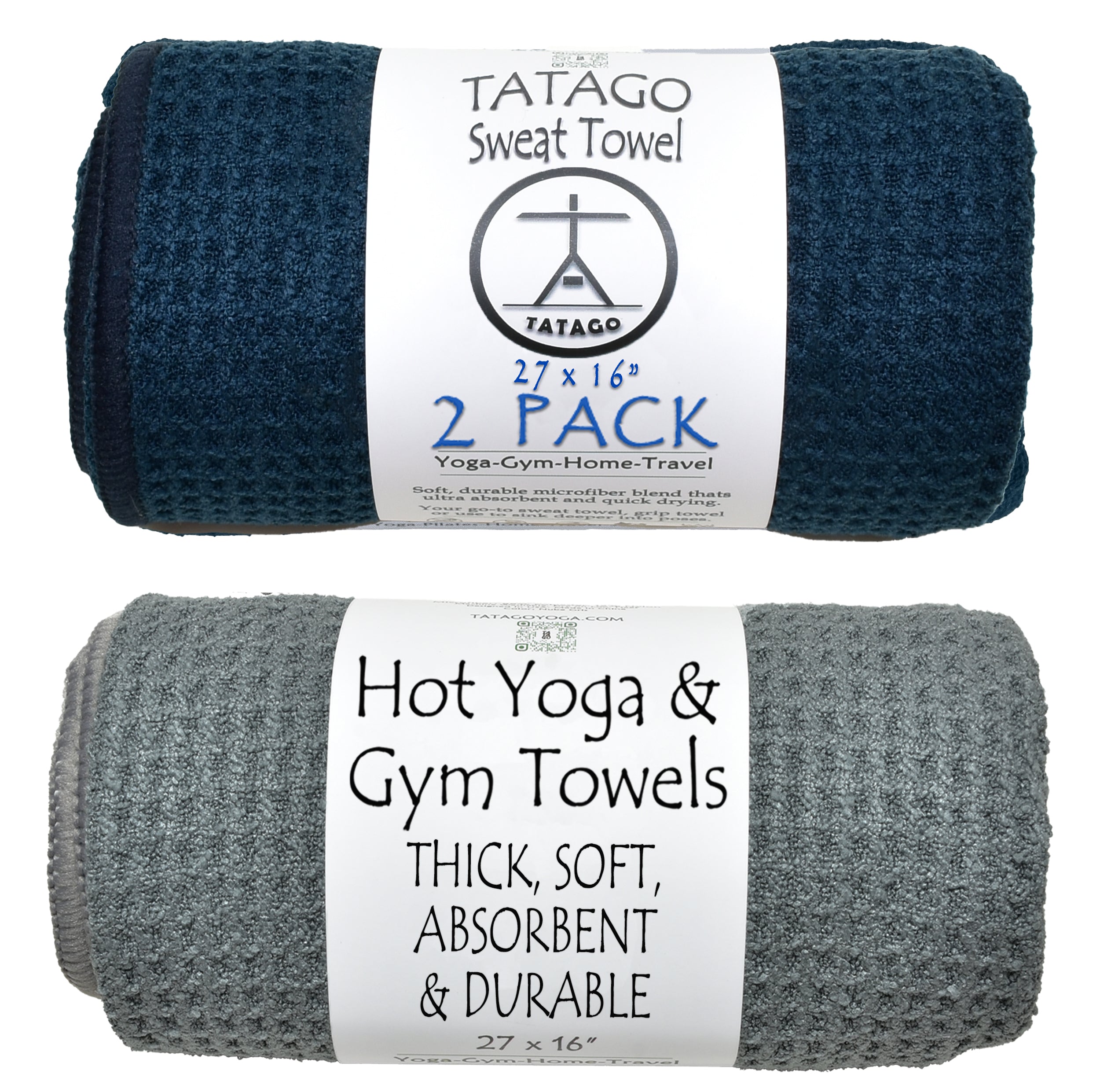 2-pack of microfiber sweat towels for hot yoga and gym with thick, soft and absorbent features called out.  