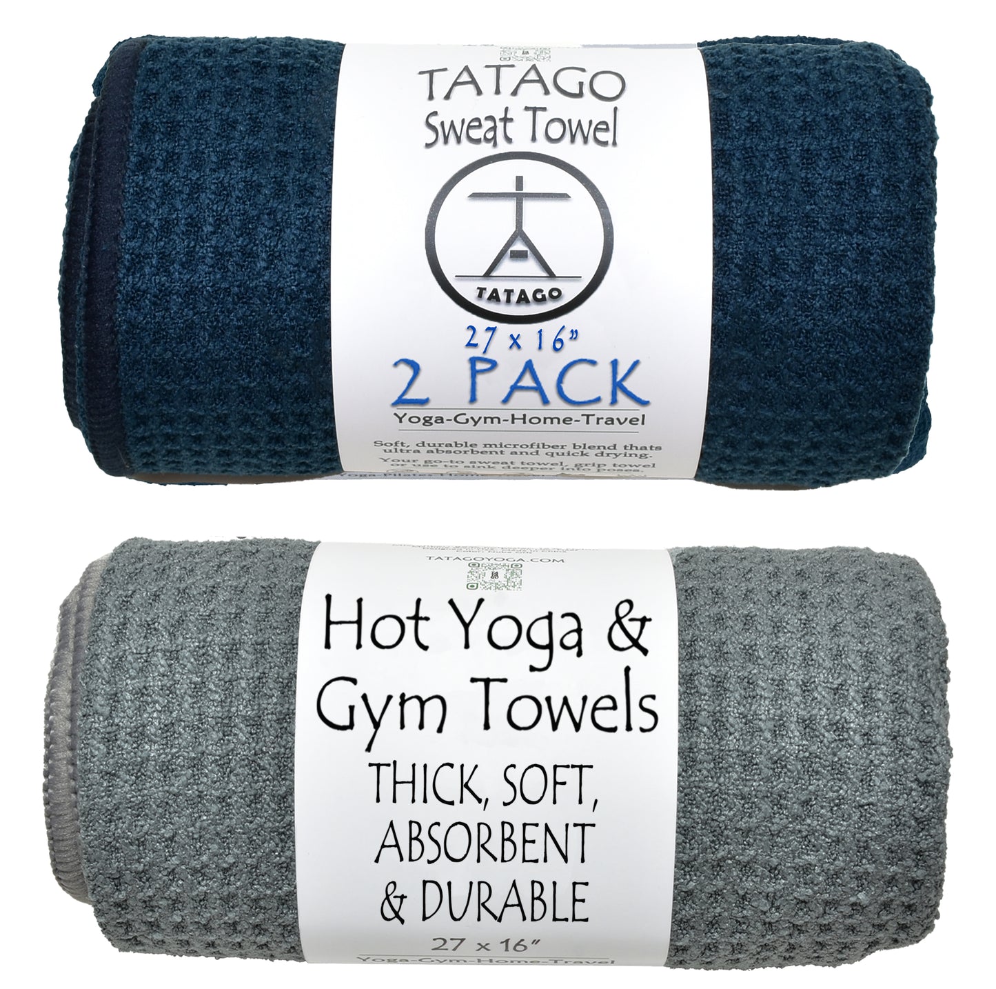 2-pack of microfiber sweat towels for hot yoga and gym with thick, soft and absorbent features called out.  