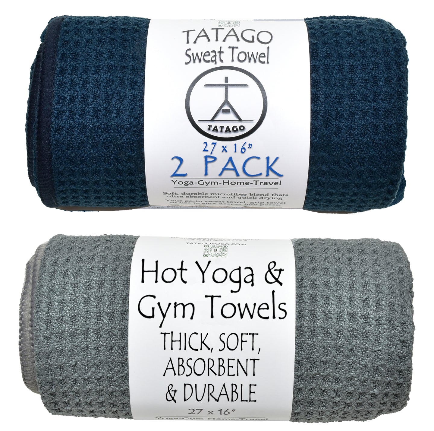 2-pack of microfiber sweat towels for hot yoga and gym with thick, soft and absorbent features called out.  