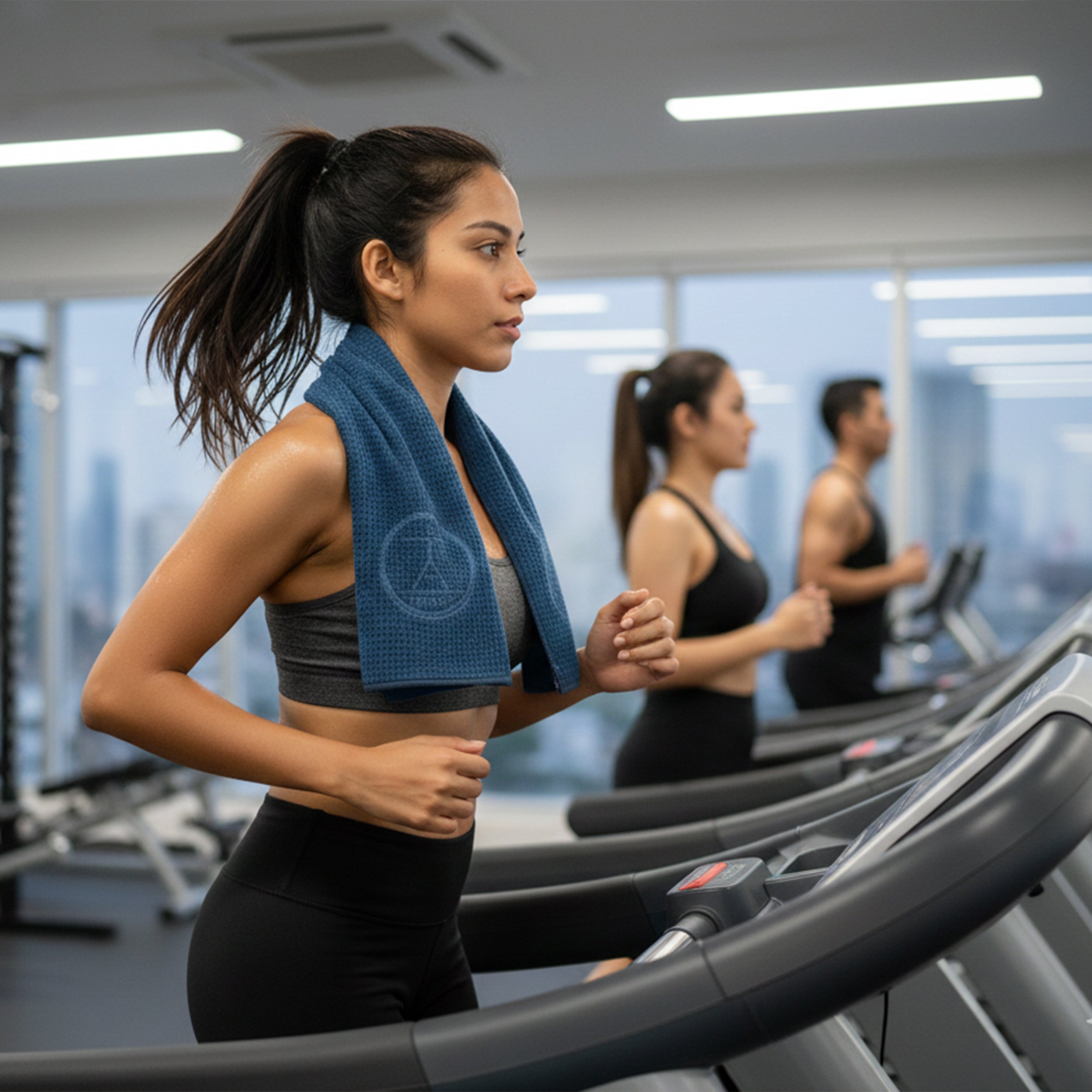 Microfiber sweat towel over the neck of a lady on a treadmill. Multicolor (2-Pack) Blue (2-Pack)