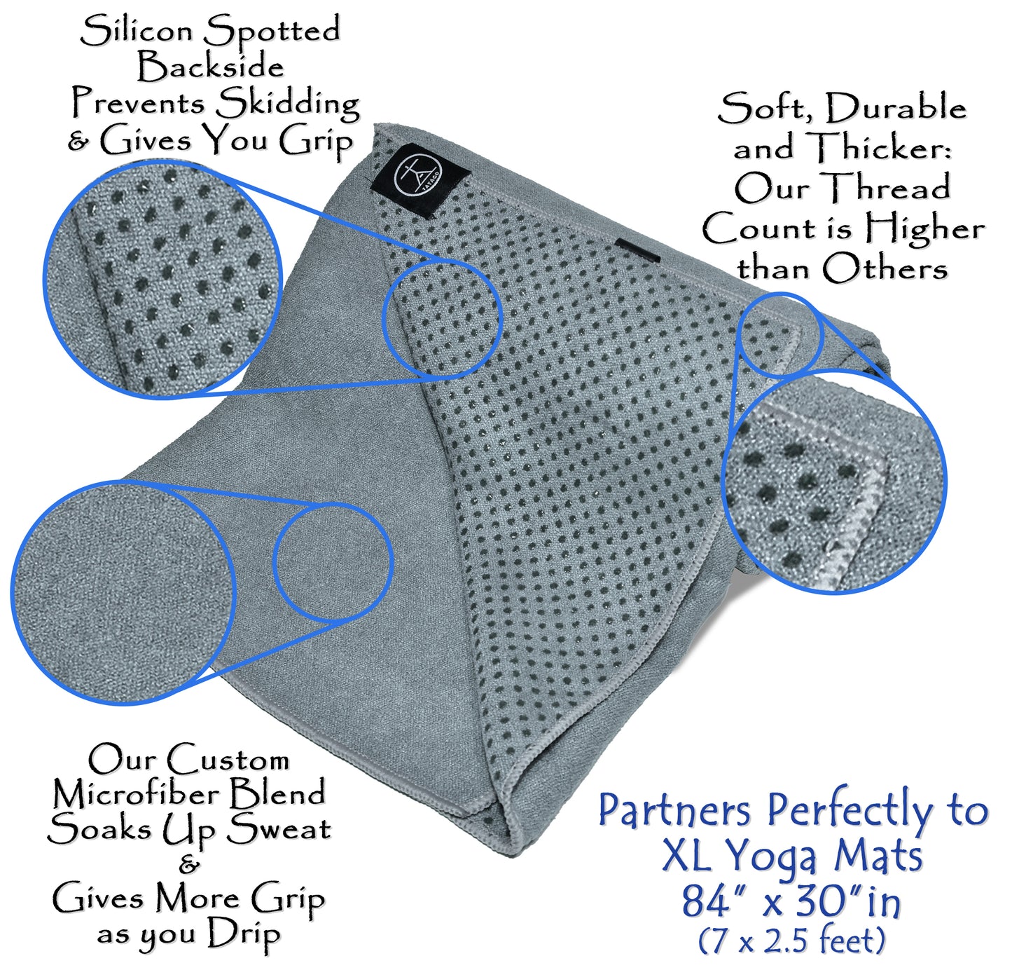 XL gray silicone-grip yoga towel with close-ups of microfiber texture, reinforced stitching, and genuine silicone traction dots for non-slip performance