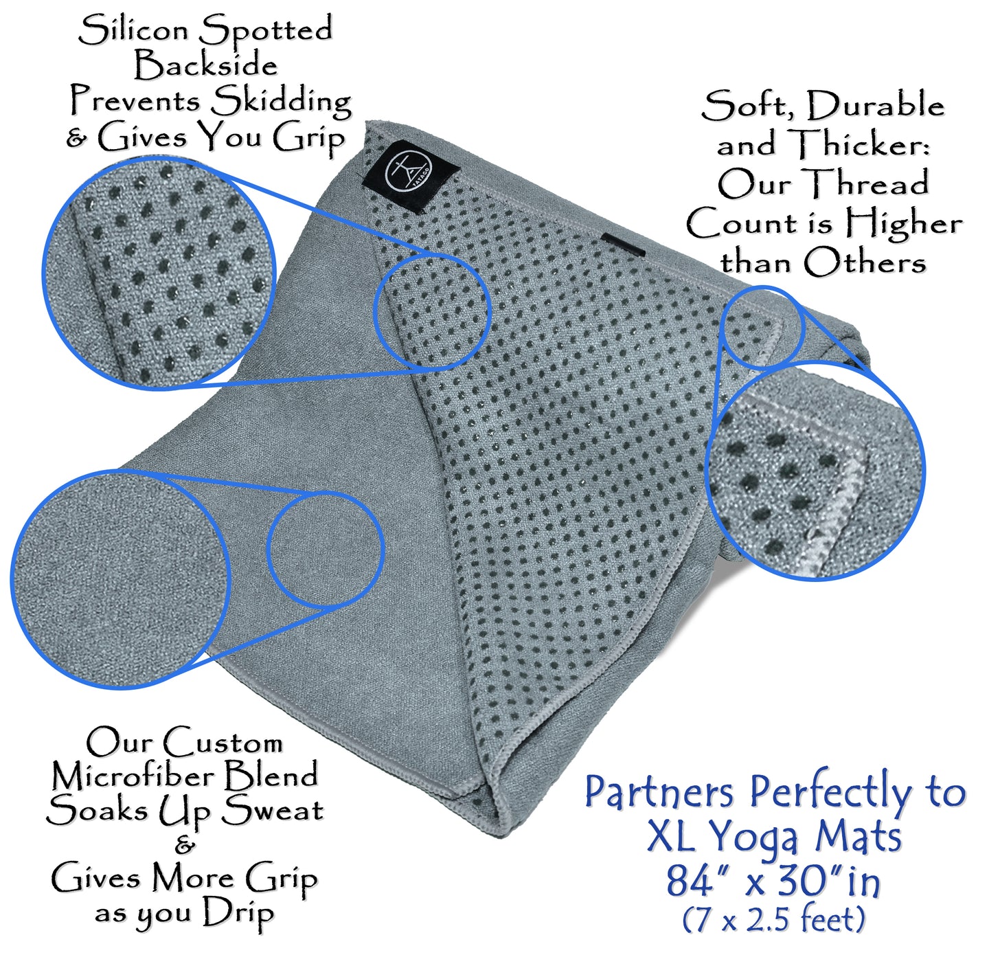 XL gray silicone-grip yoga towel with close-ups of microfiber texture, reinforced stitching, and genuine silicone traction dots for non-slip performance